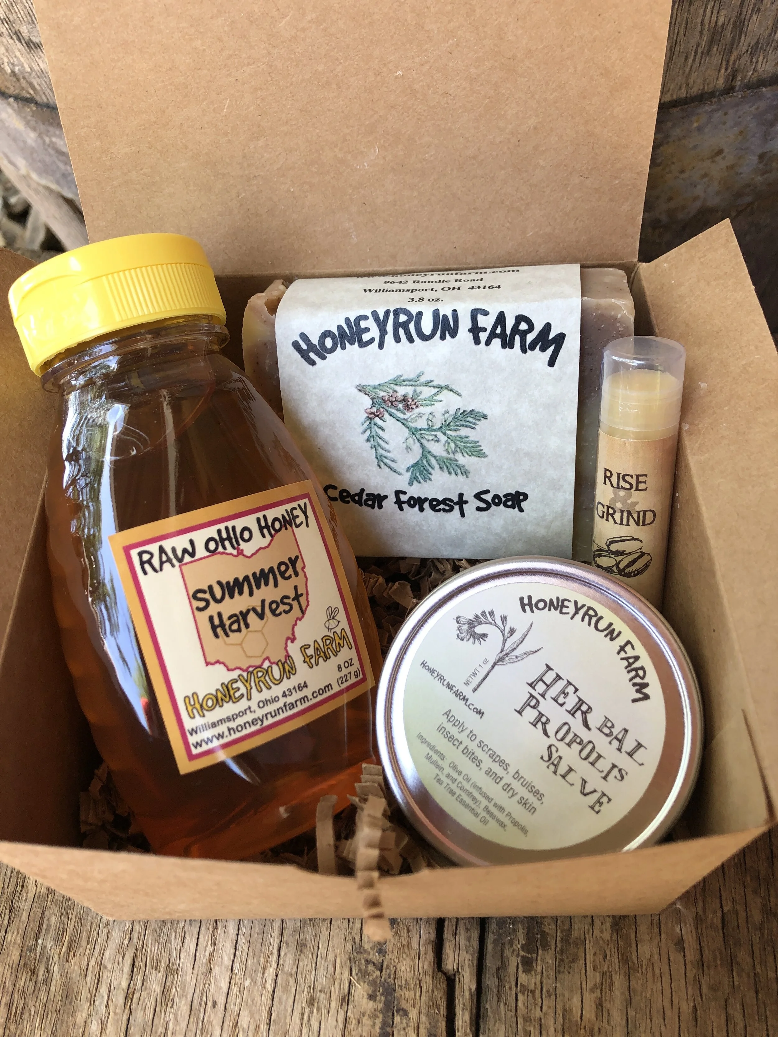 Gift Package - 8 oz Summer Honey, Cedar Forest Soap, Propolis Salve, Coffee Lip Balm