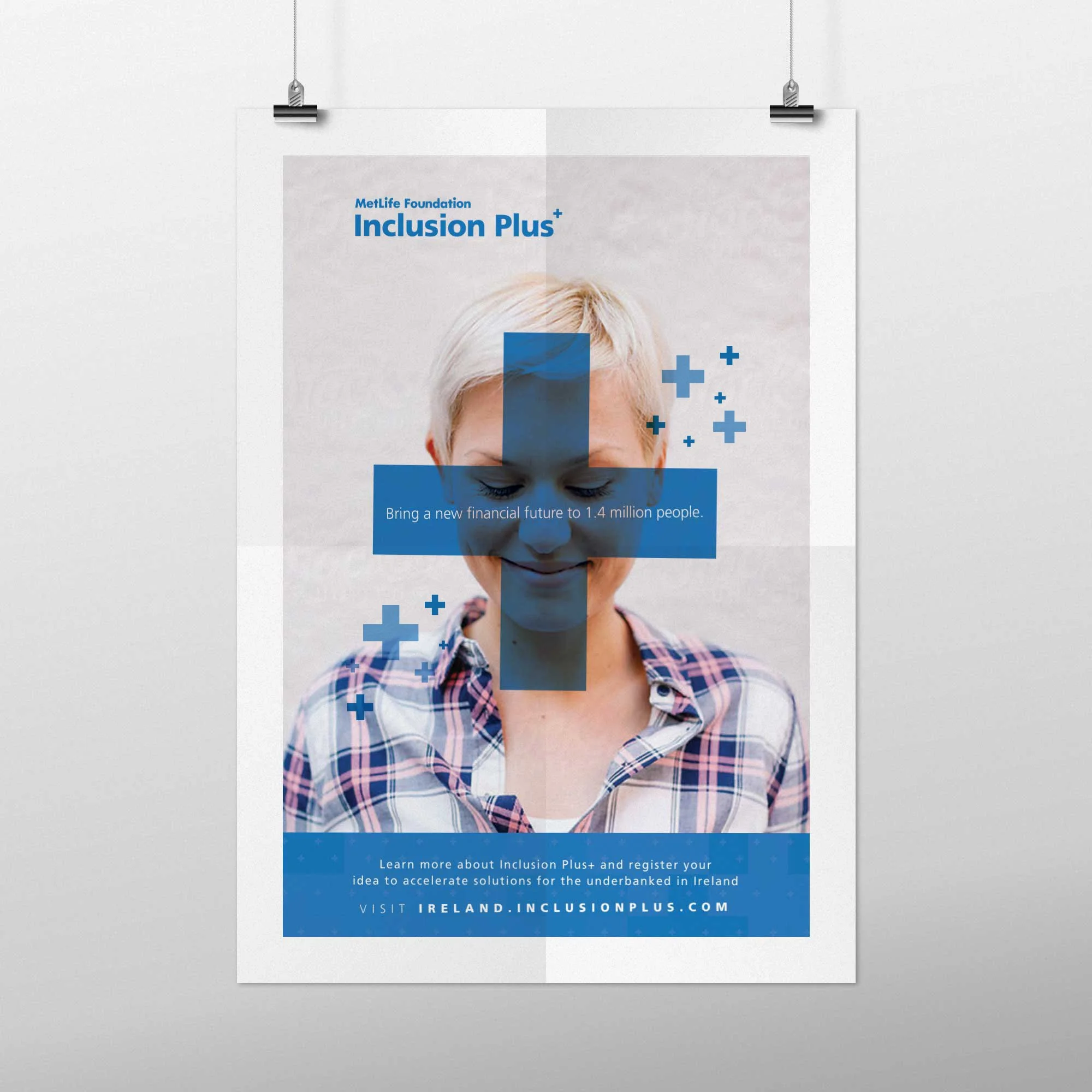 Poster for MetLife Foundation Inclusion Plus with a smiling child and promotional text about supporting underbanked people in Ireland.
