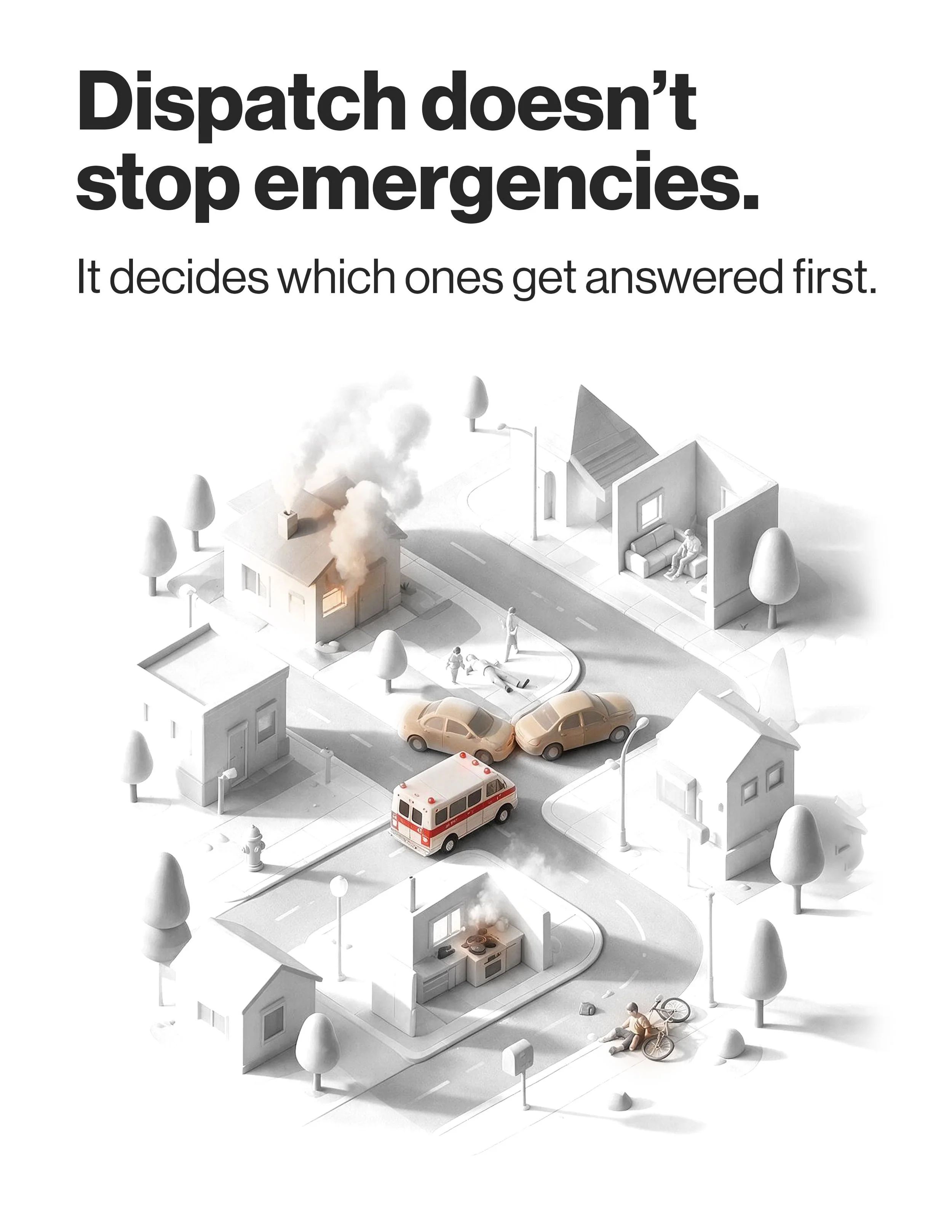 A white model of a neighborhood showing a house on fire with smoke coming out of the roof. There are emergency vehicles, including an ambulance, on the street along with miniature trees, streetlights, and figures of people, including a person sitting on a couch inside a house and a man on a bicycle.