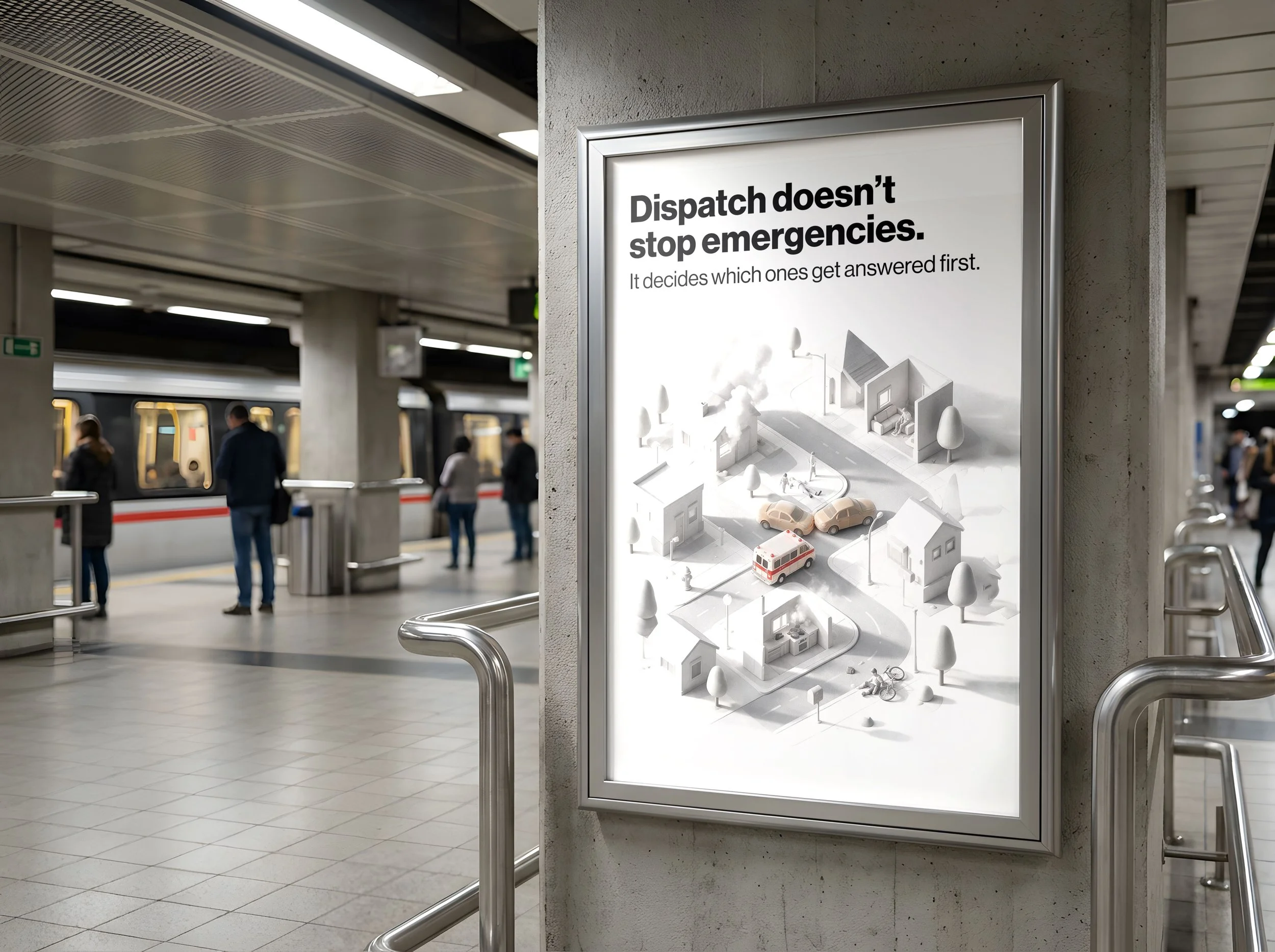 Subway station with a sign featuring a miniature model of a neighborhood, including houses, trees, and vehicles.