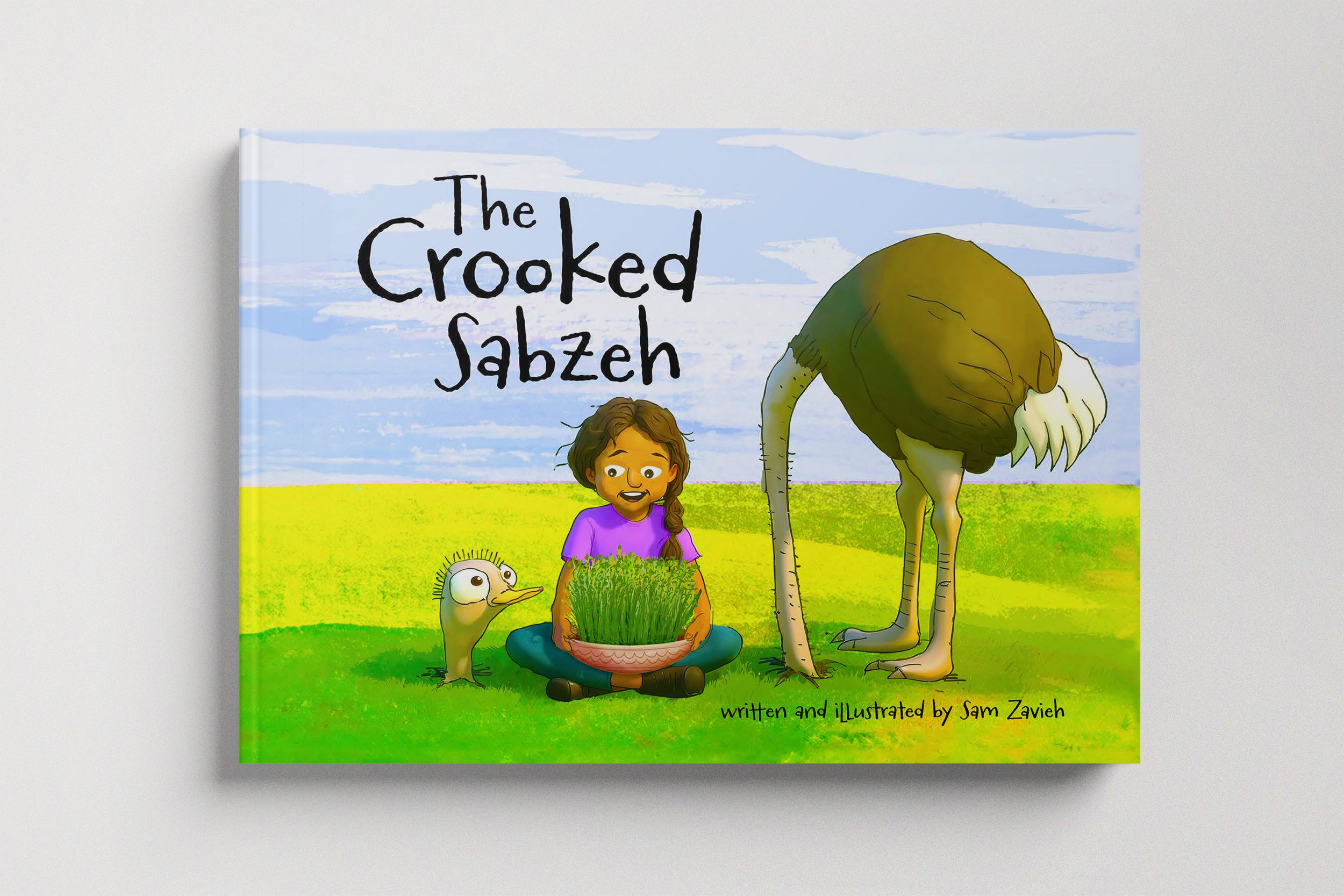 Children sitting on grass with a small duck, a person holding a bowl of grass, and a giraffe, with a blue sky and clouds in the background. The book's title is 'The Crooked Sabzah' by Sam Zavieh.