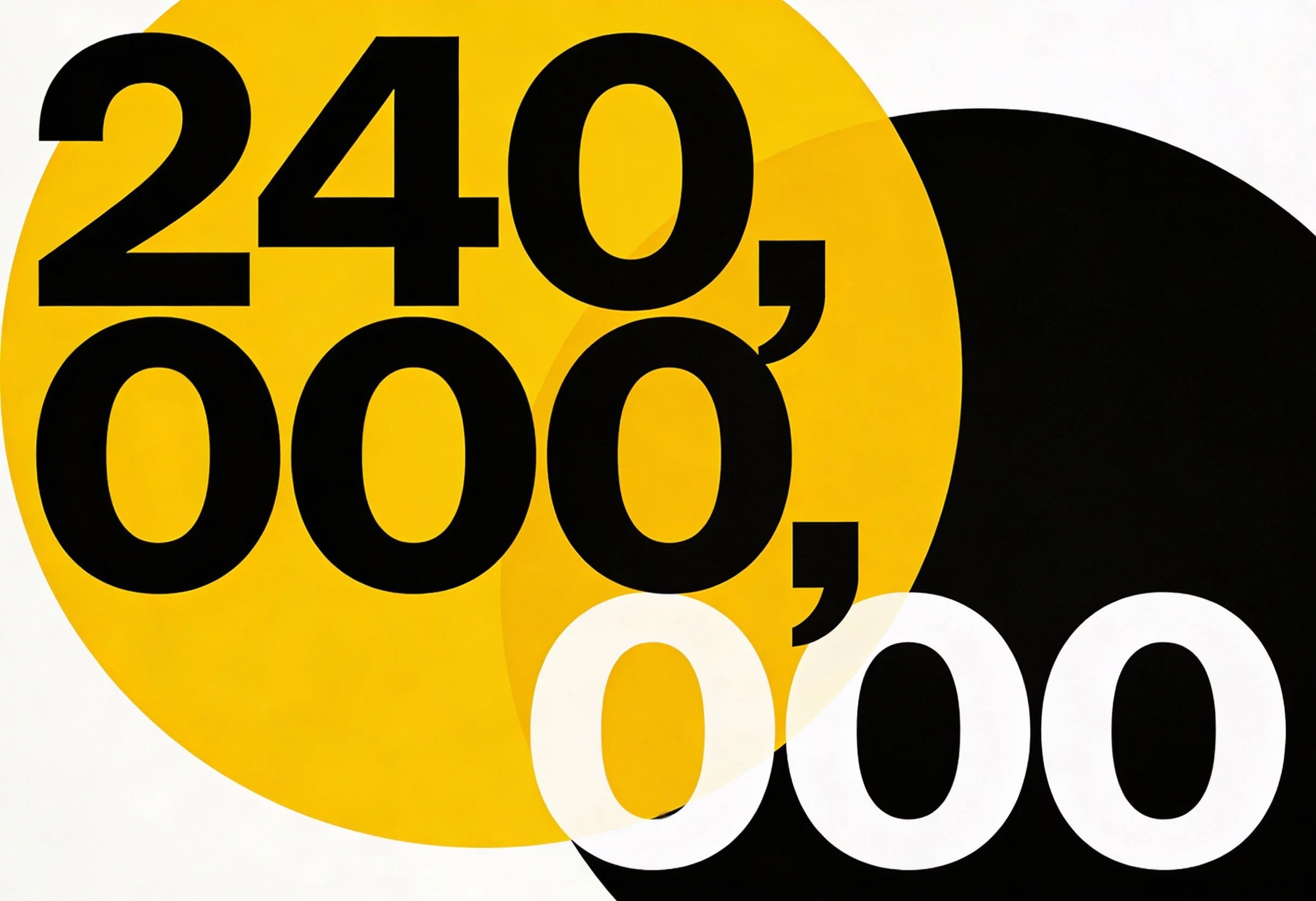 Abstract graphic design with overlapping black, yellow, and white circles and the numbers 240, 40, and 600 in bold black font.