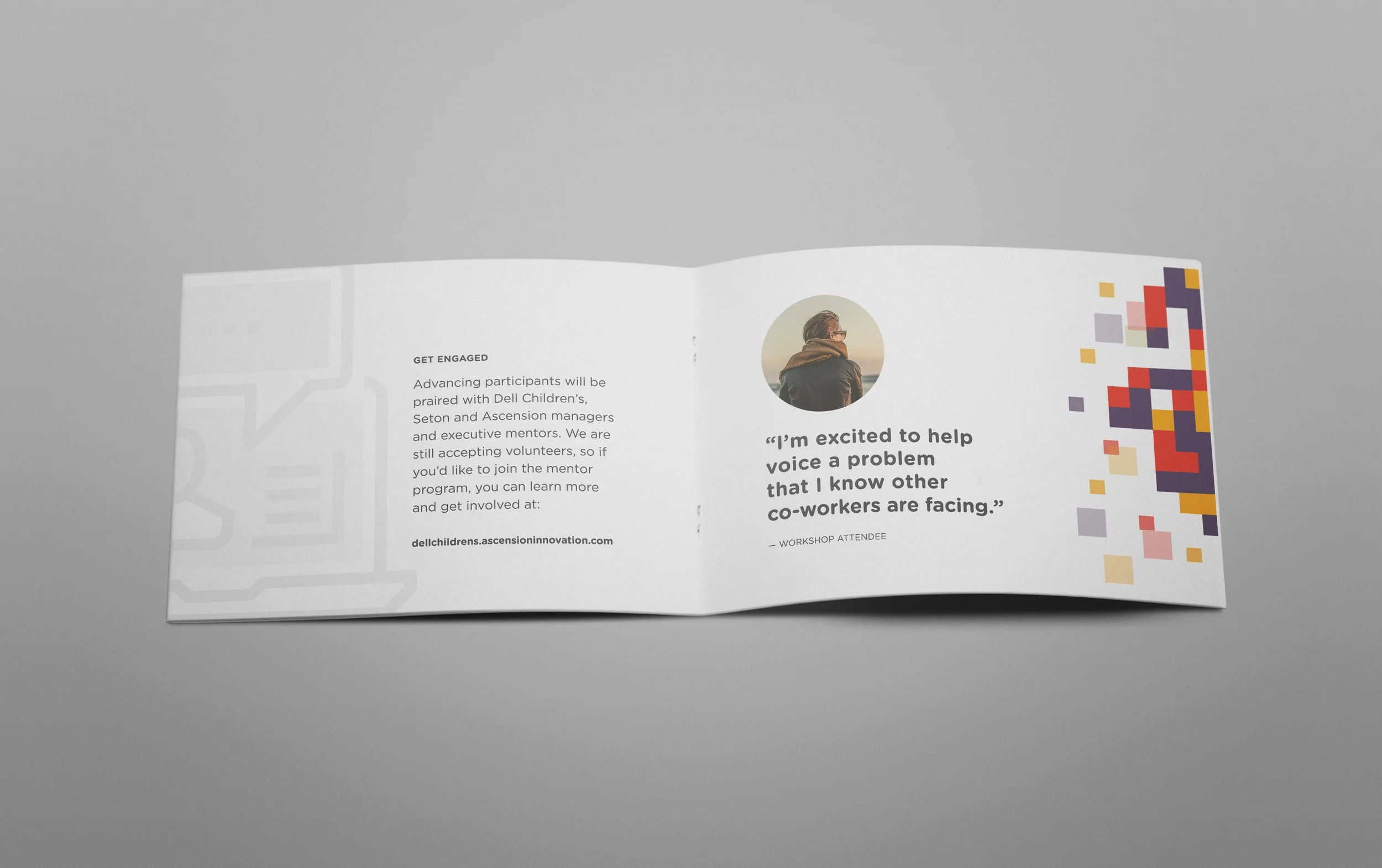 An open brochure showing a profile photo of a woman with glasses and brown hair, along with text about engagement and volunteering, on a gray background.