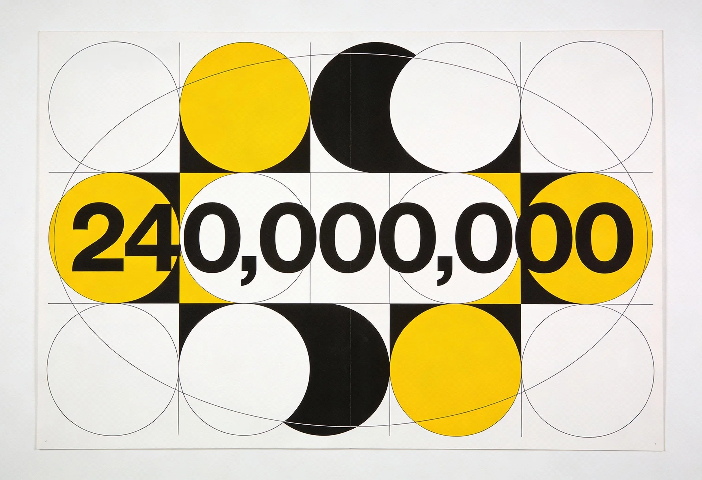 Abstract artwork with yellow, black, and white circles and geometric grid lines.
