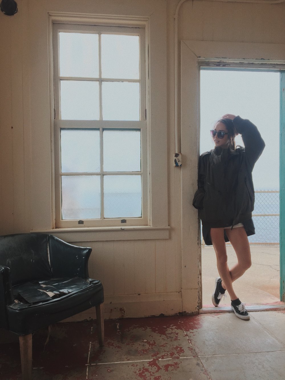 Inside lighthouse of Point Reyes with winter fashion