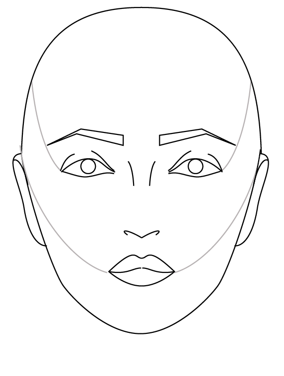 1: Lightly mark contour line from skull to eye corner and from ear to lip corner
