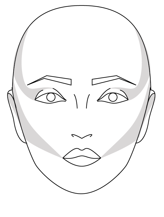 2: Lightly shade skull at tempels, eyelids, and cheekbones as above.