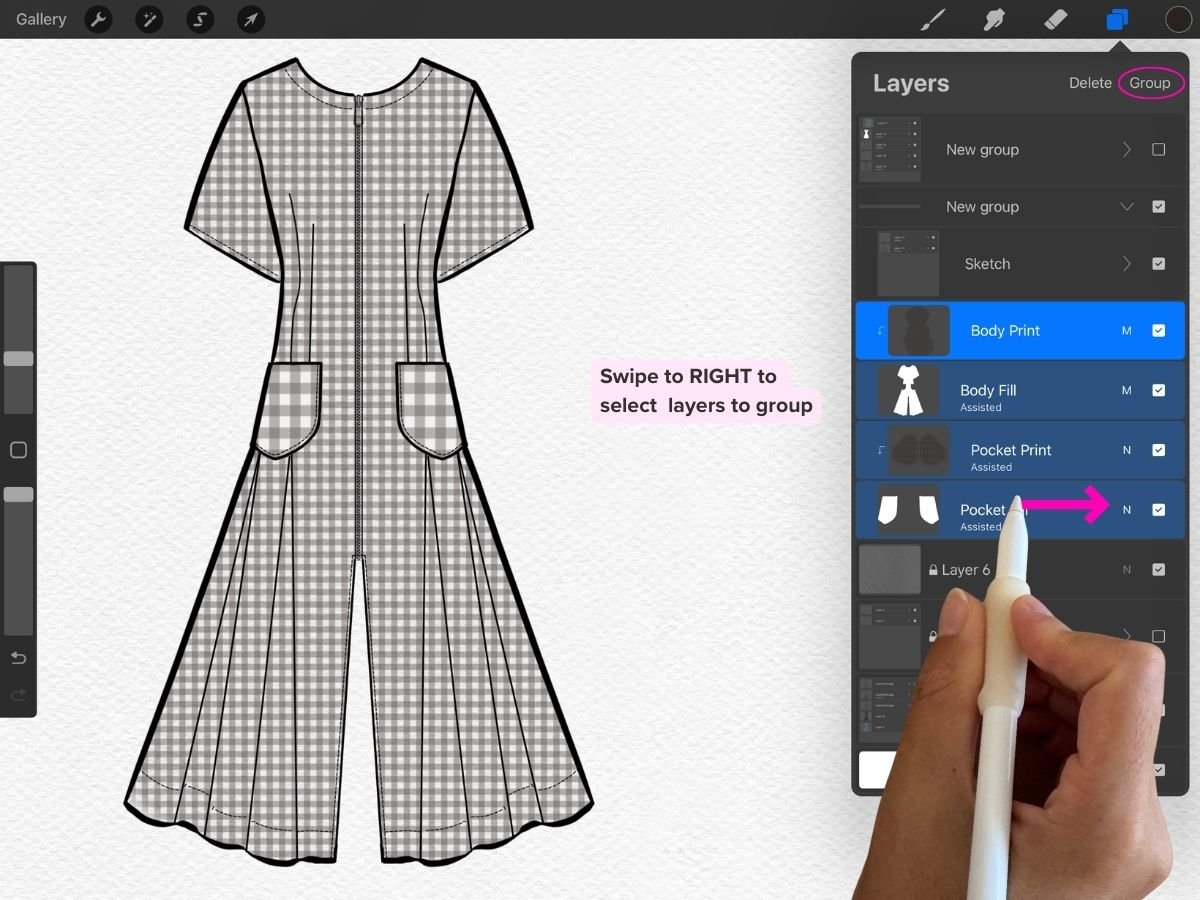 Fashion illustration showing how to group multiple prints and clipping masks in Procreate
