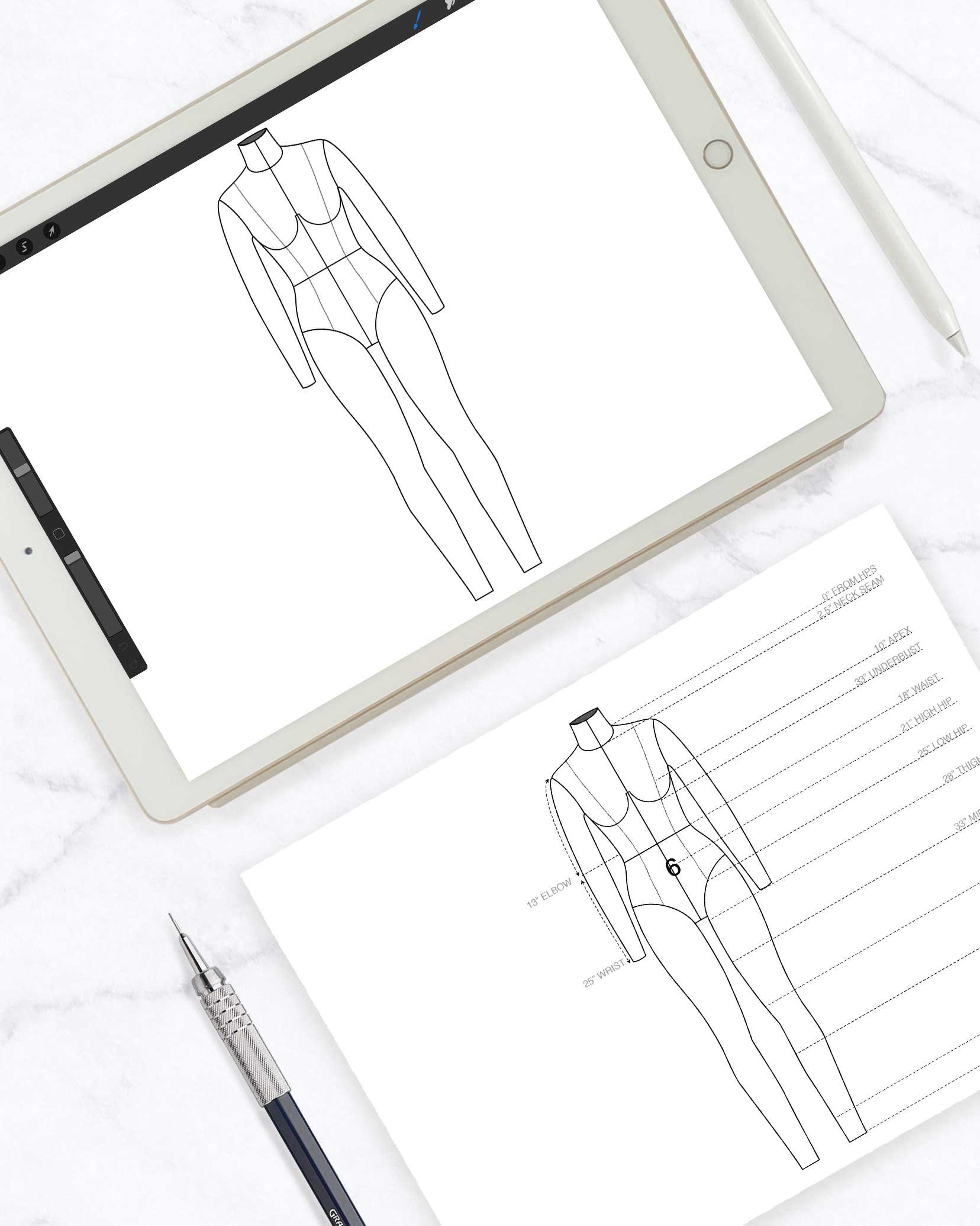 Technical flat template depicting a fashion mannequin drawing for creating flat fashion sketches