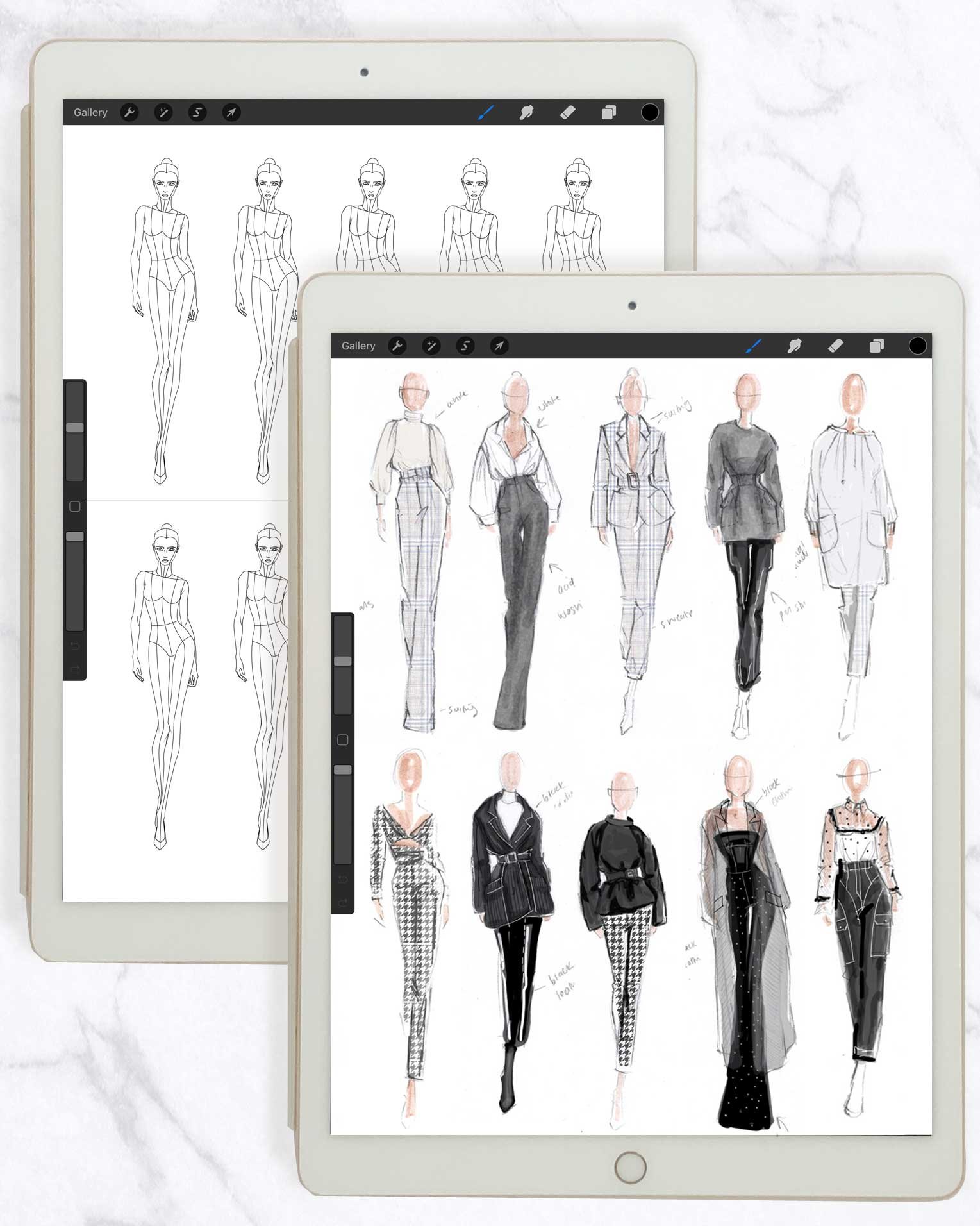 Fashion figure templates in smaller scale for digital thumbnail fashion sketching