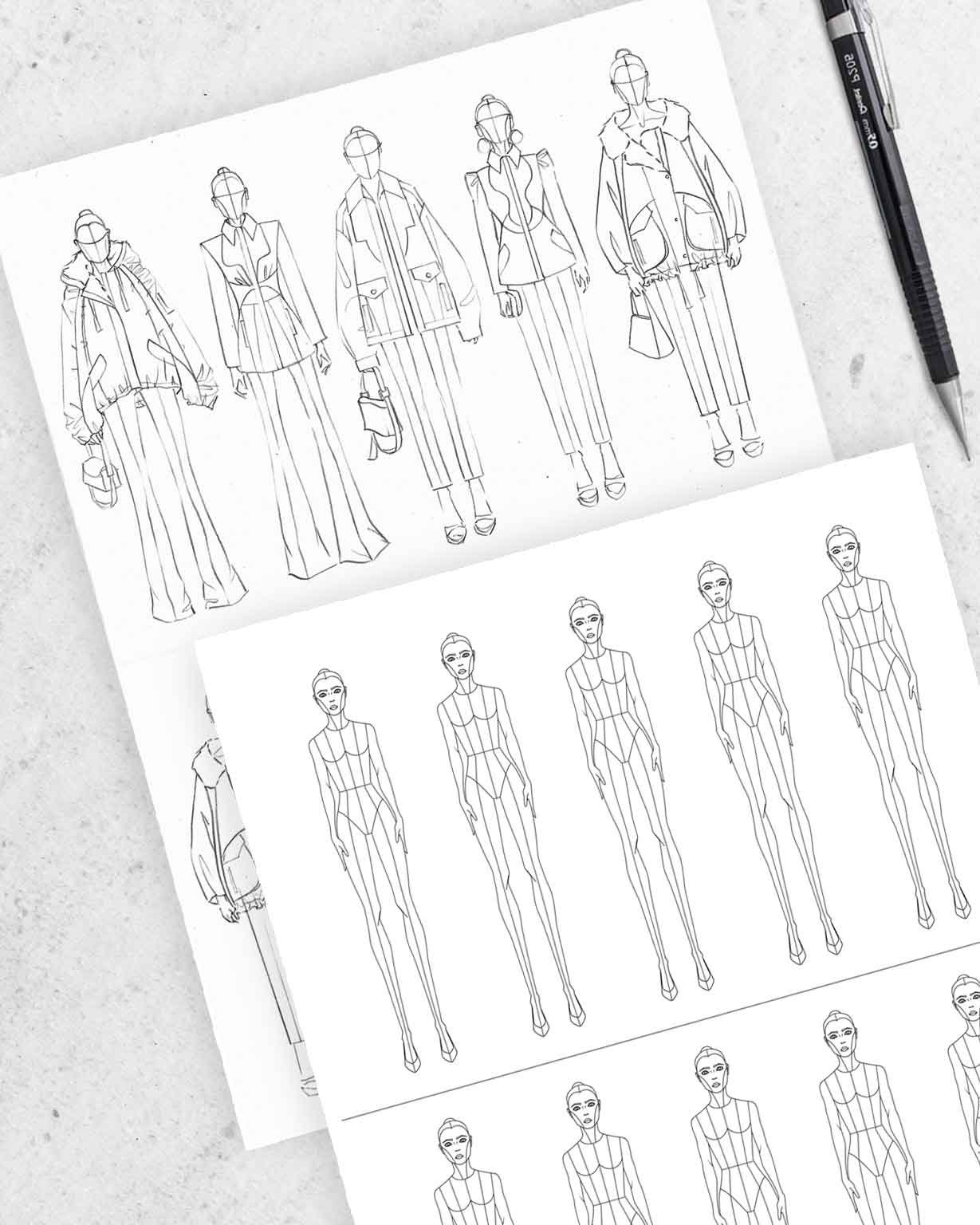 Fashion figure templates in smaller scale for thumbnail fashion sketching by hand