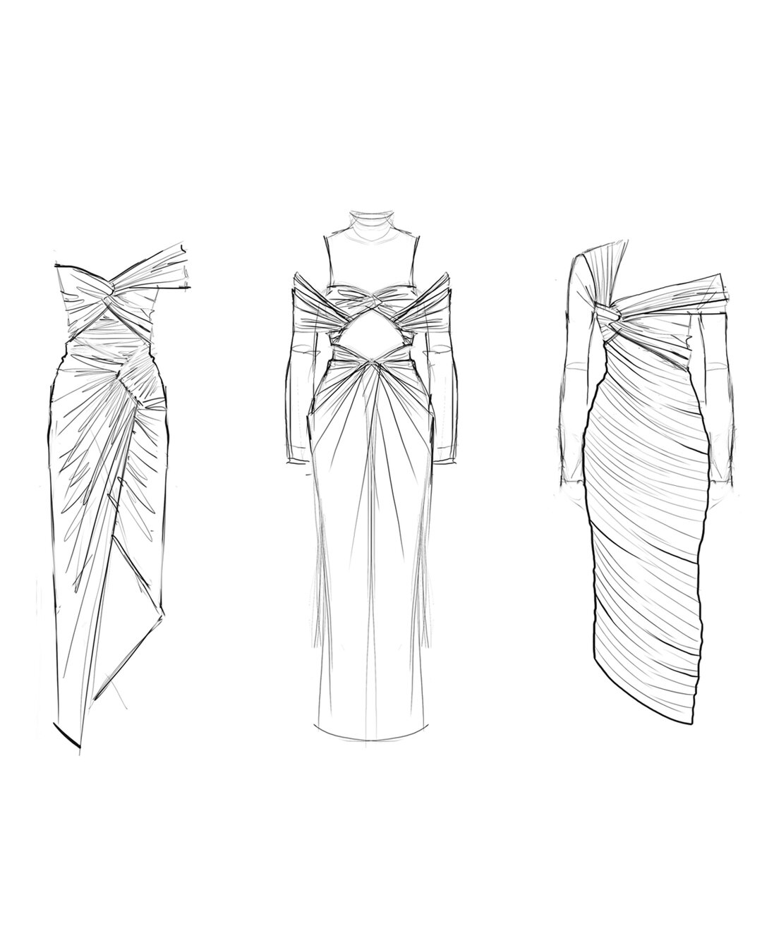 Rough concept sketches: Draping, ruching, and twists. I like to brainstorm multiple options to explore detail and silhouette, then narrow it down to a final design. ​​​​​​​​
​​​​​​​​
Swipe to see the first two designs, and let me know which one is yo