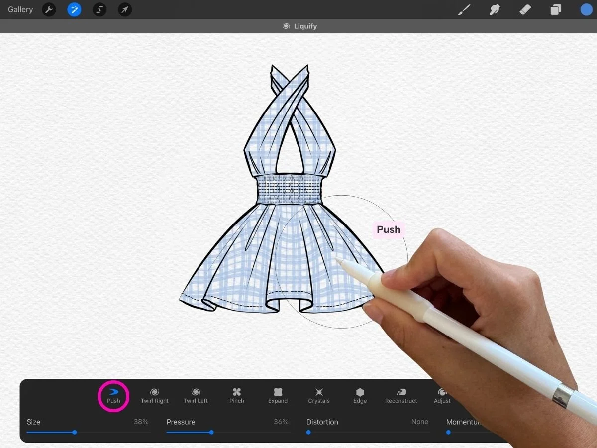 How to use liquify to push prints in procreate to look more realistic and follow fabric folds
