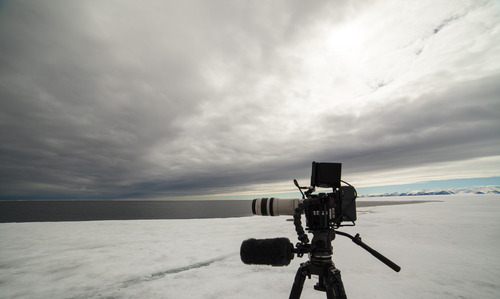 Filming out next to the edge of the ice.