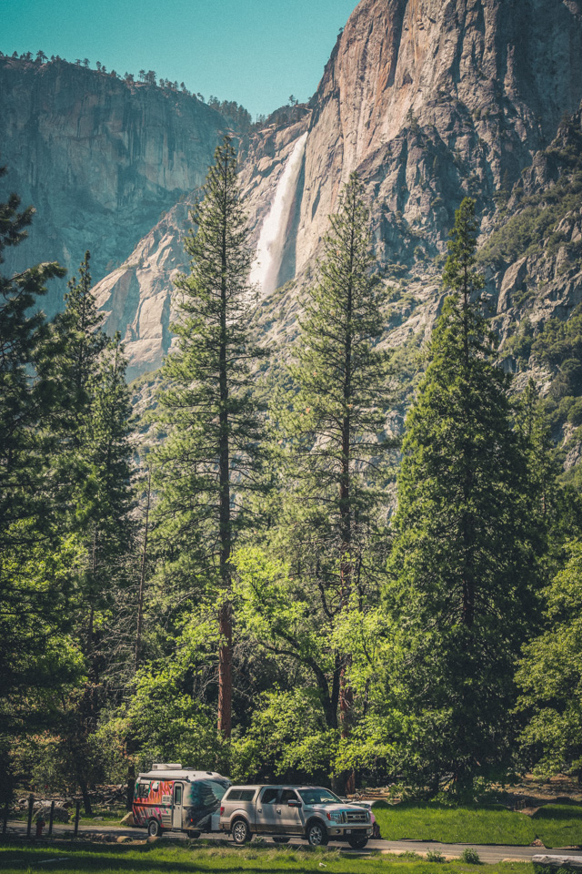 We drove south through the sprawling Sierra plains toward Yosemite National Park. Up, up, up winding along the 120 to the Big Oak Flat entrance. There was one ten minute steep climb up the side of a cliffs edge that got out hearts pumping and pushed the truck and trailer to its limits. We sang “RV Parking Angels” as we approached the entrance, because naturally we made no reservations to camp. 5 minutes later we were backing into the last trailer parking spot left in Hodgdon Meadow. We grilled broccoli and cauliflower with chicken sausage which we made in our portable gas grill sitting on top of a steel bear lock box. Post noshing we rolled out a blanket and began to decompress from the long day on the road. While laying under the tall pines we spotted chickarees, a massive mule dear, an acorn woodpecker, peregrine falcon, a blue magpie and other woodland creatures but we never were able to find a black bear.