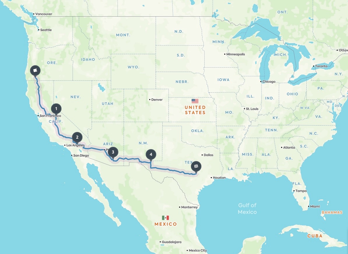 Landed in Medford, orEgon • picked up tAwanda in shasta, CA • 1 - yosemite NP • 2a - desErt hot springs 2b - Joshua Tree np • 3 - Saguaro NP • 4 - guadalupe mountains • home sweet home in austin tx