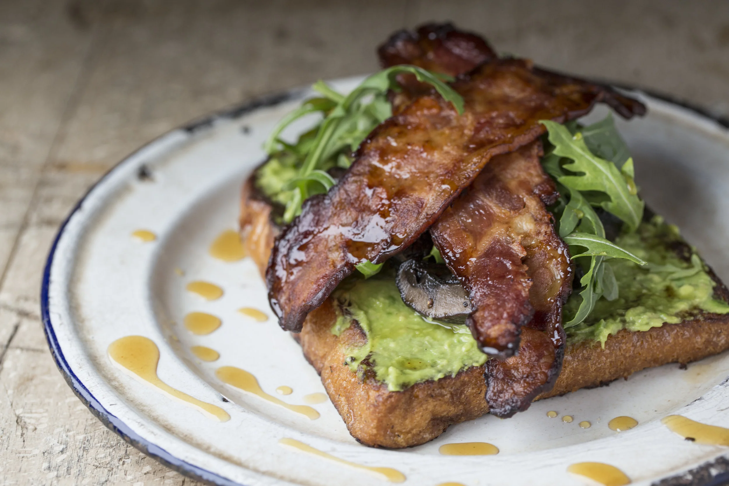 French Toast w/ avocado, mushrooms & bacon