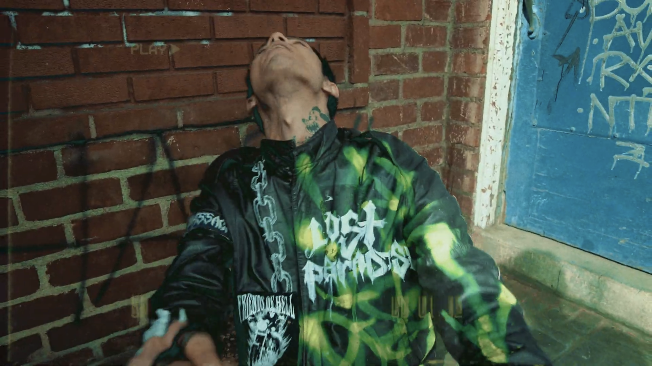  Lost Paradise Jacket worn by Artist NASCAR ALOE in music video titled ACAB. 