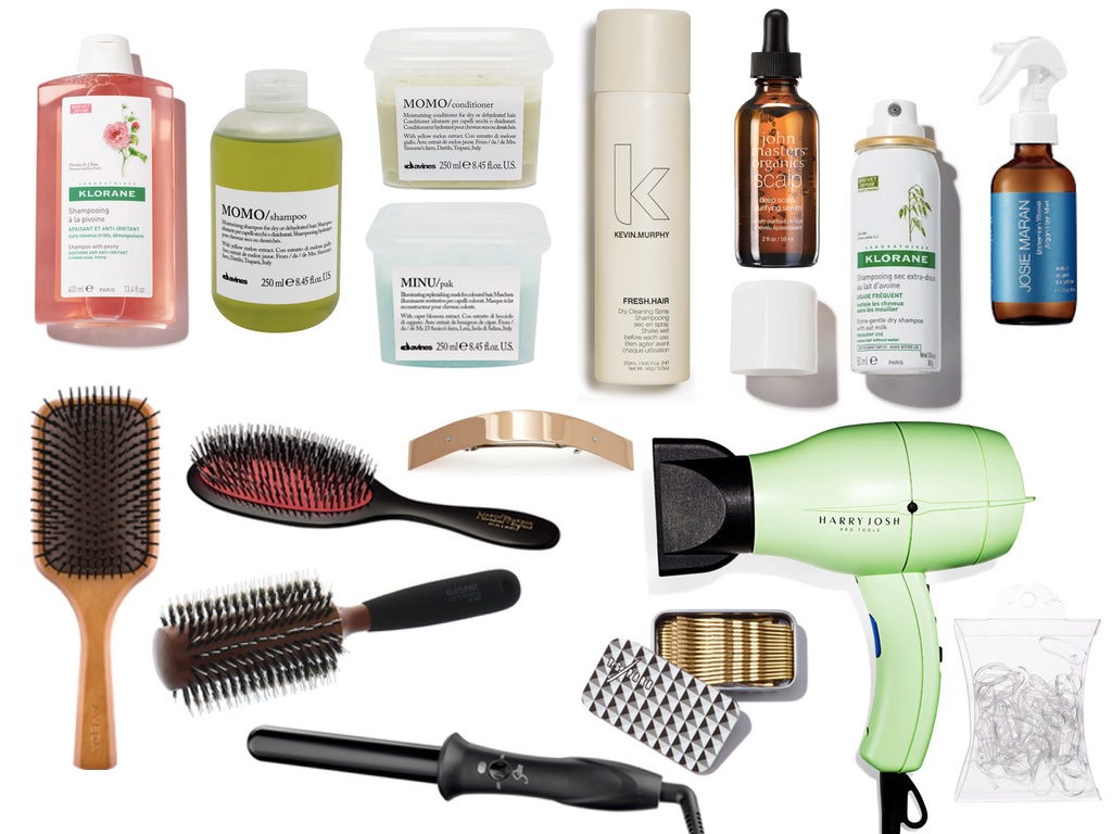 SCALP SHAMPOO // HYDRATING SHAMPOO // HYDRATING CONDITIONER // REPLENISHING MASK // DRY CLEANING SPRAY // SCALP SERUM // DRY SHAMPOO // BOHEMIAN WAVES MIST // PADDLE BRUSH // NYLON & BOAR BRISTLE BRUSH // ROUND BRUSH // 1" CURLING WAND // GOLD BARRETTE // BOBBY PINS // PRO DRYER // CLEAR ELASTICS