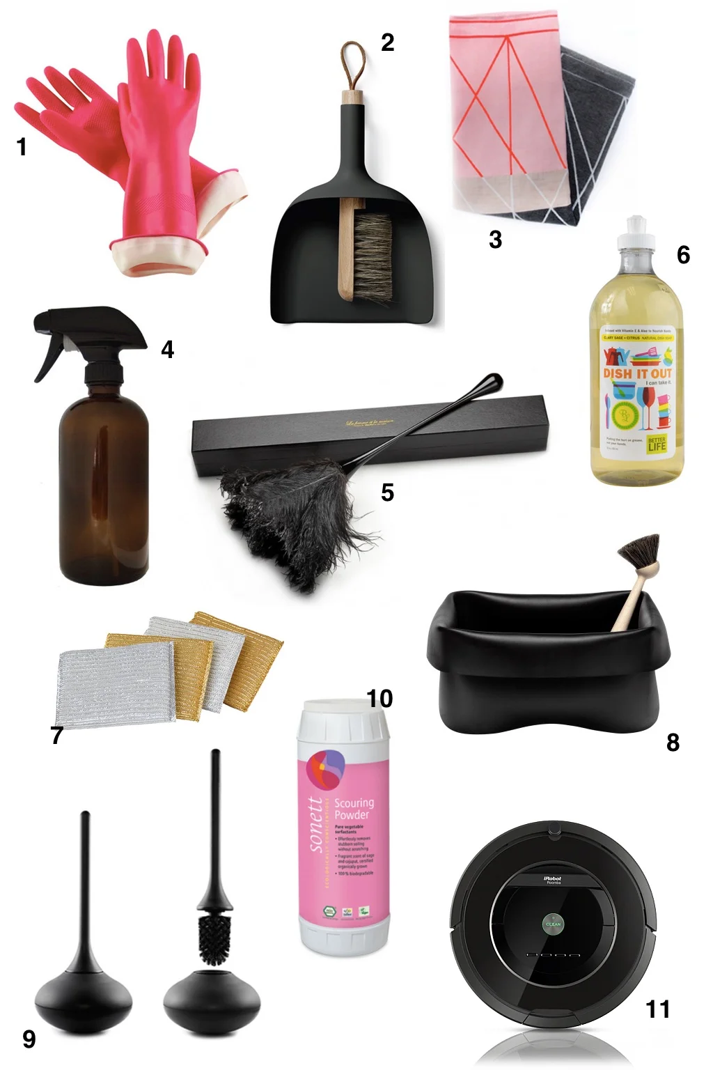 1. C LEANING GLOVES // 2. DUST PAN & BRUSH // 3. DISH TOWEL // 4. SPRAY BOTTLE // 5. FEATHER DUSTER // 6. DISH SOAP // 7. SPONGES // 8. K ITCHEN SINK CADDY // 9. TOILET BRUSH // 10. SCOURING POWDER // 11. ROOMBA VACUUM