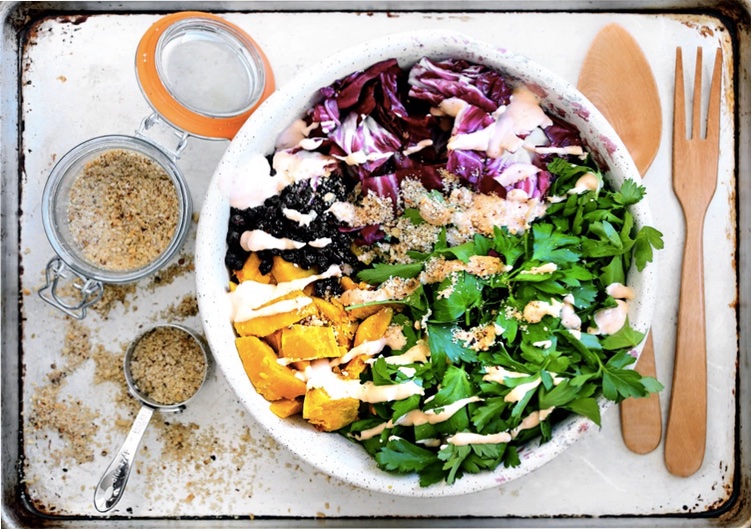 PARSLEY SALAD WITH DUKKAH, RADICCHIO, KABOCHA & HARISSA YOGURT