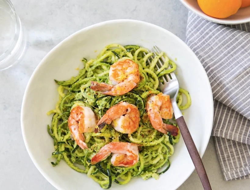 ZUCCHINI LINGUINE WITH FAVA BEAN PESTO AND GRILLED SHRIMP