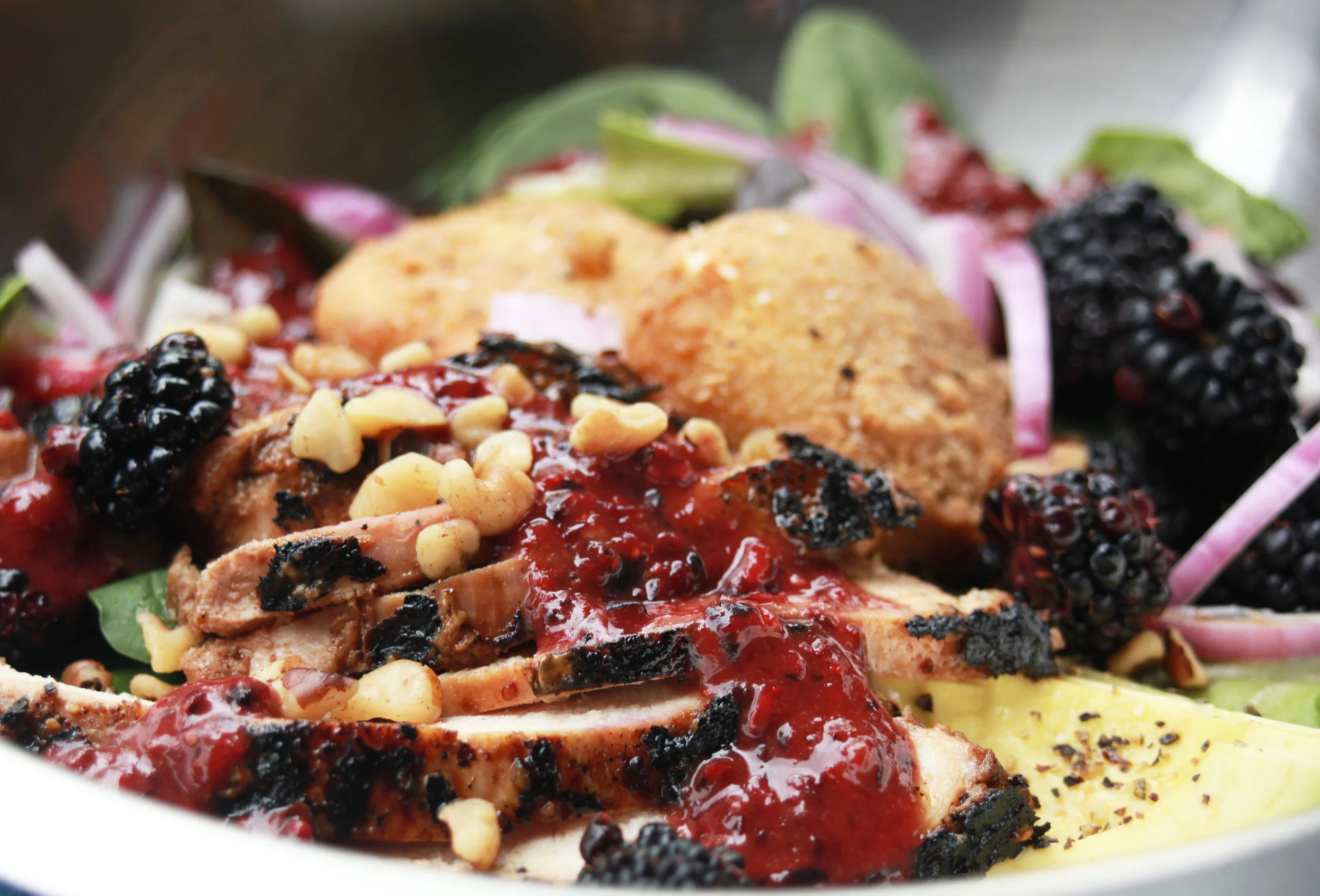 Blackberry Balsamic Grilled Chicken Salad with Homemade Goat Cheese Fritters