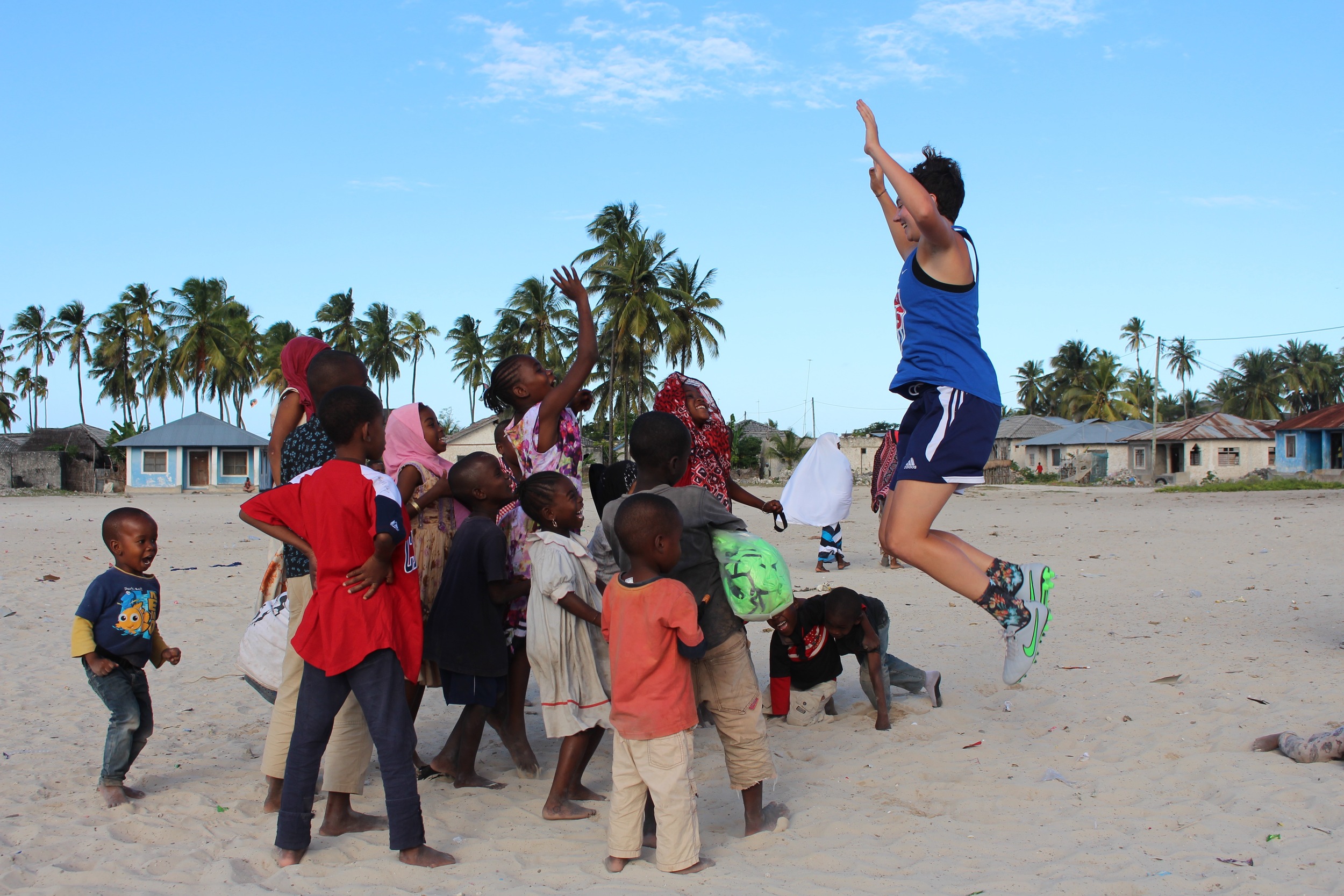 Megan organizing a jumping photo in Paje, July 2015