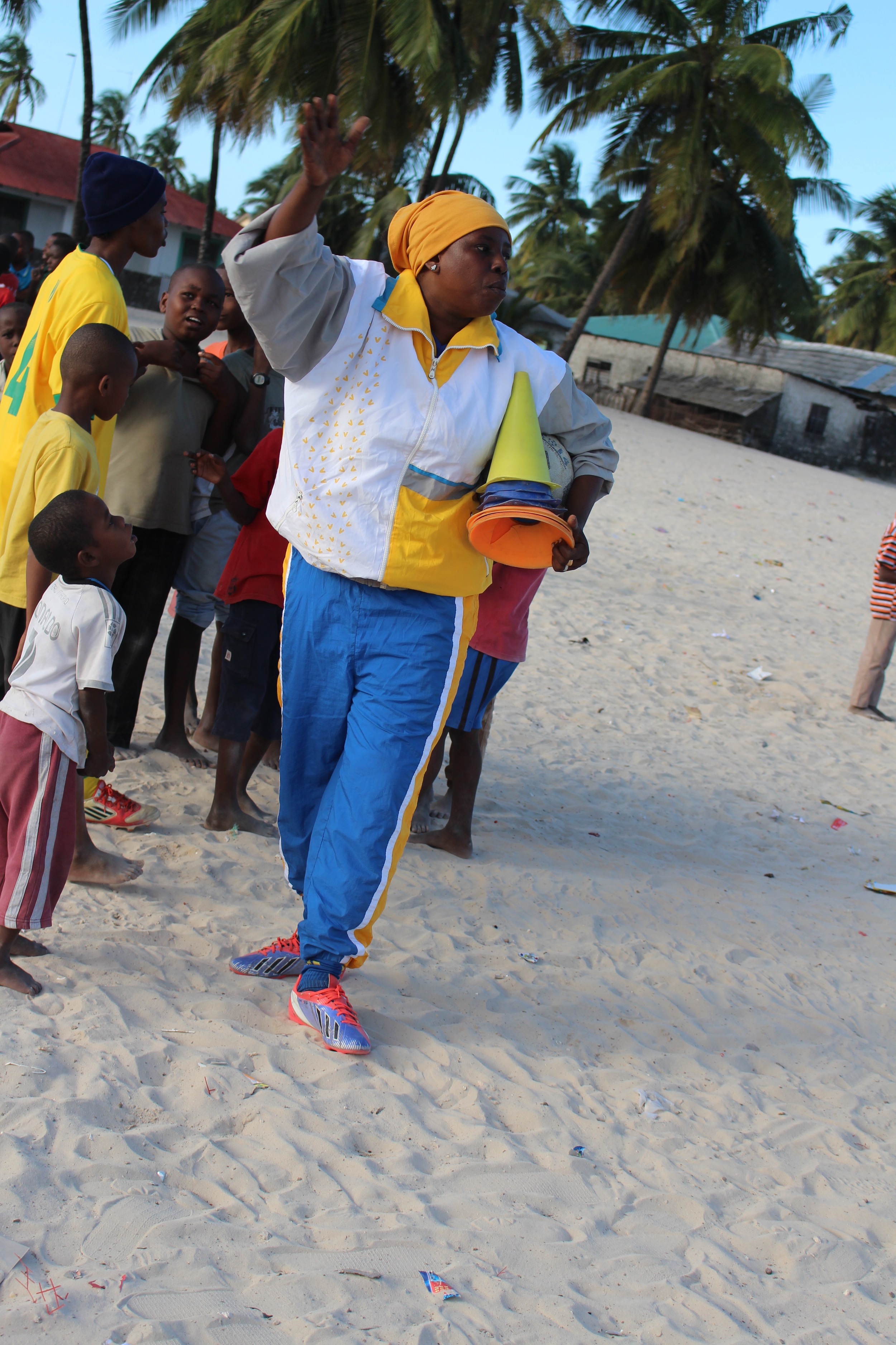 Bettina leads soccer clinic in Paje, July 2015