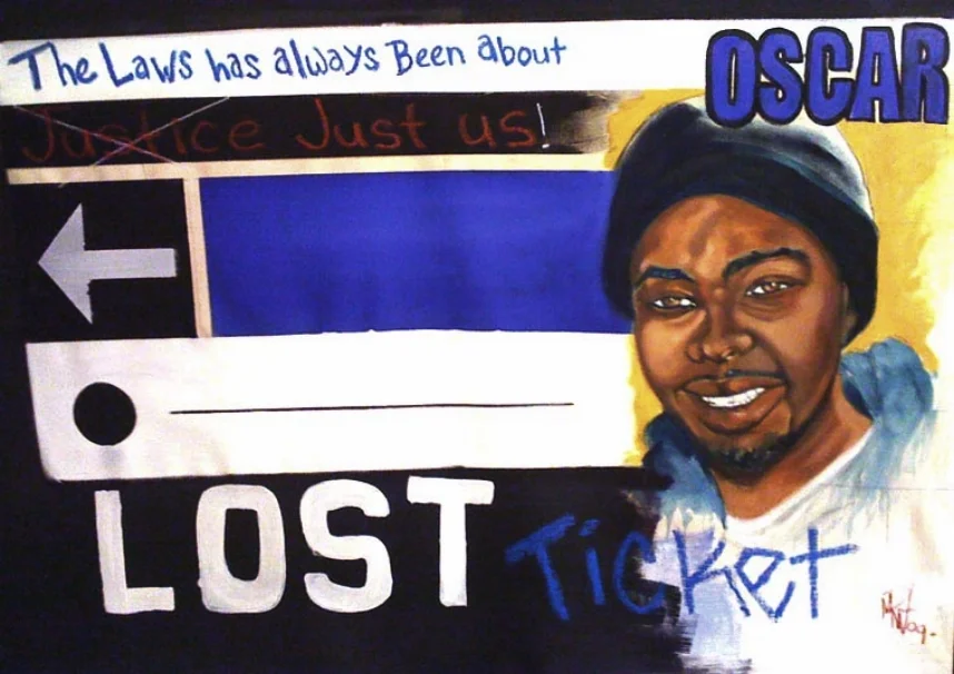  Title: Lost Ticket  Medium: Oil on Canvas  Dimensions:  This striking mixed-media painting, titled  "Lost Ticket,"  offers a visceral, politically charged commentary on the fatal shooting of Oscar Grant, a young Black man killed by a BART police off
