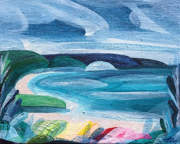 'Memories, Diving for Crayfish' (Binalong Bay, Tasmania)  2016 20cm x 26cm Synthetic Polymer on Belgium Linen