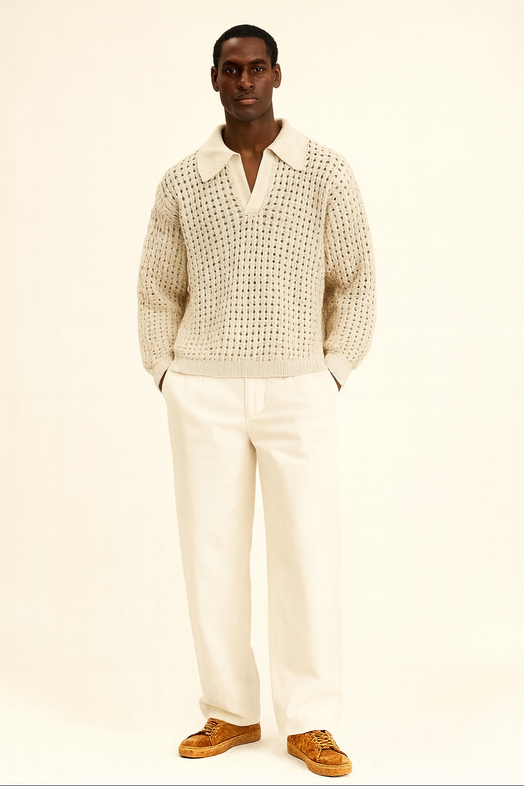 Open Knit Polo Sweater