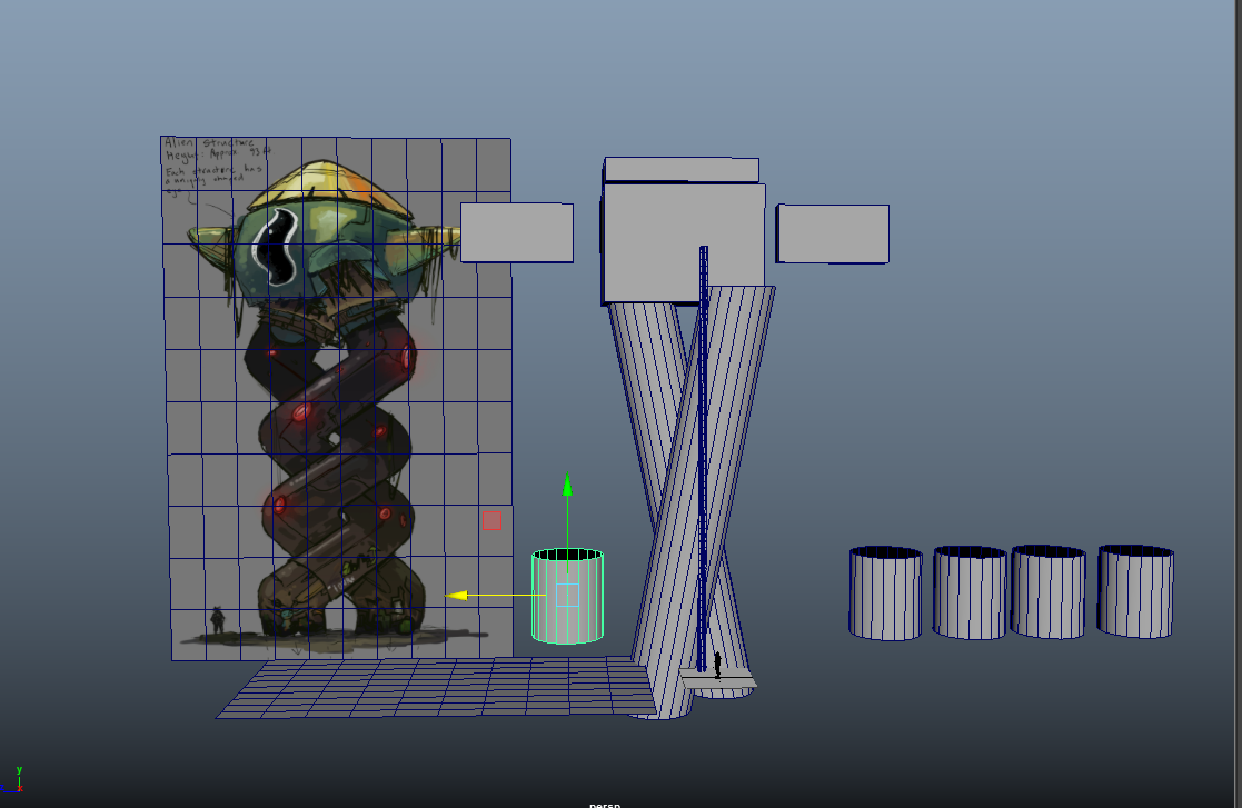 Modeling Stage: Now that I have the concept thoroughly fleshed out, I can start modeling. I bring my concept into Maya as a reference and use primitive shapes to block out my model.