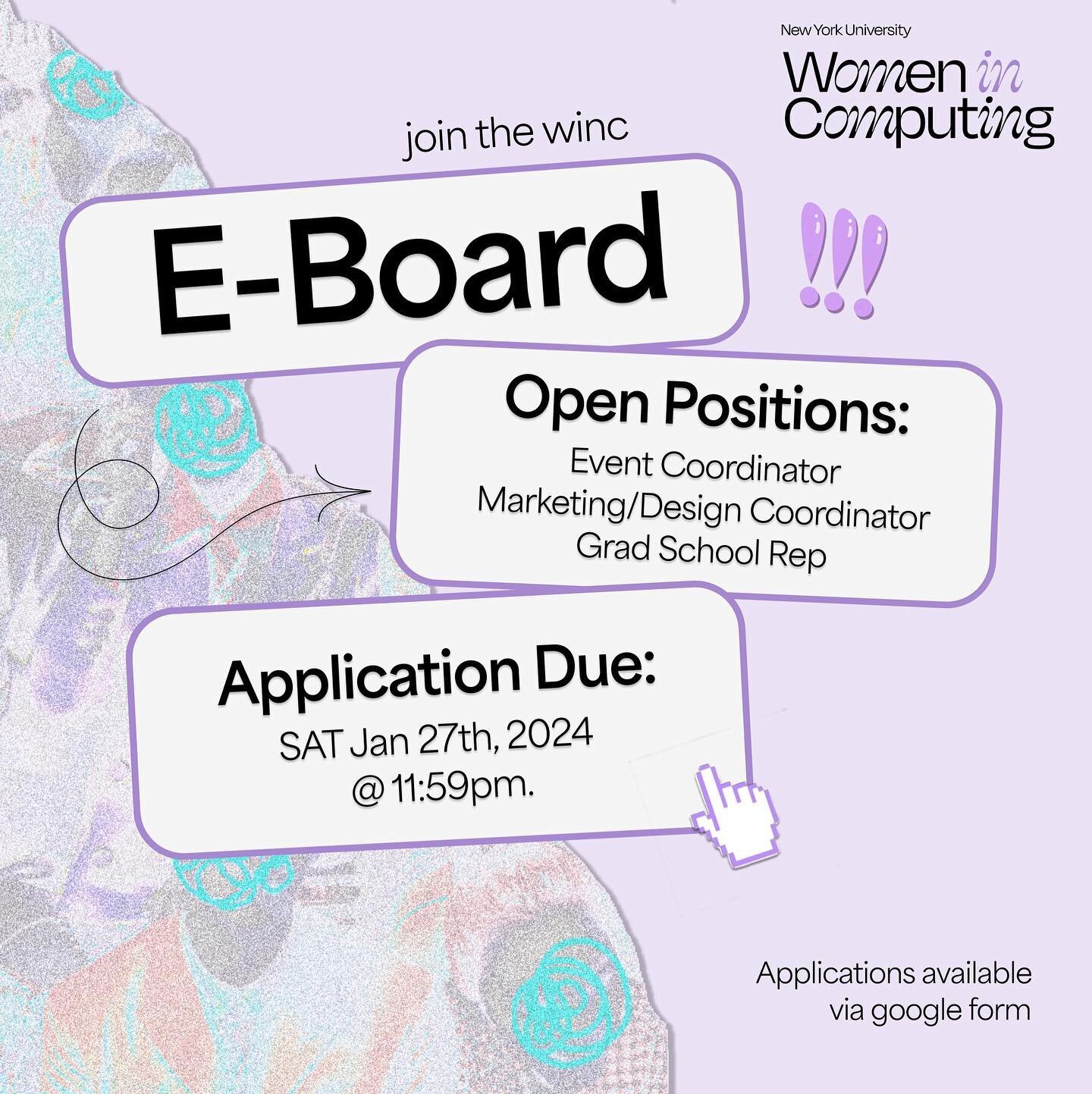 Happy Spring Semester 💐 The WinC E-board is excited to share that we are looking for new members to join us! 

Using the link in our bio, please use the google form to see what position(s) you are interested in to apply. Apps are due Jan 27th. We wi