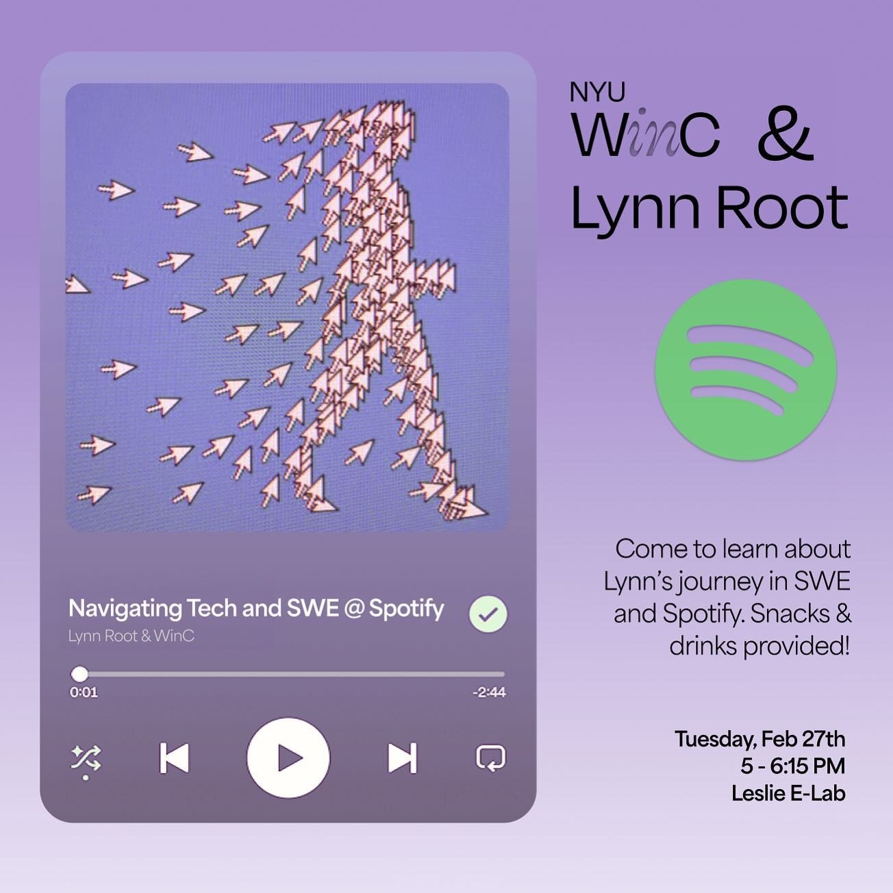 🎵Wanna learn what it's like as a Software Engineer at Spotify? Join us next Tuesday evening at E-Lab for our featured speaker event! 🎶

RSVP on NYU Engage with the link in our bio before spots fill up &lt;3