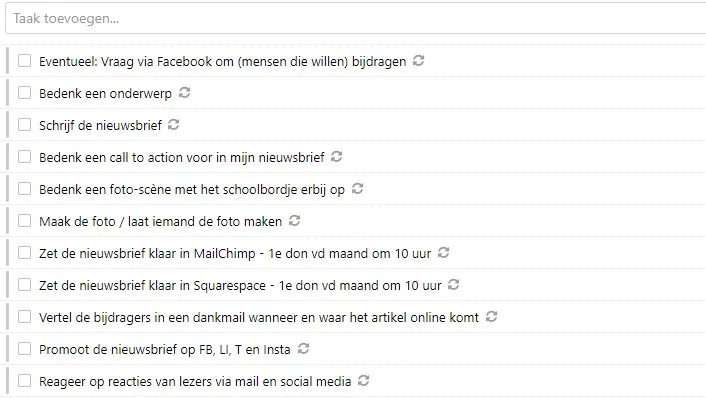 Stel als ondernemer je eigen handige checklists samen van terugkerende werkzaamheden. Dan vergeet je nooit meer wat. Dit is een voorbeeld van ZinVols checklist voor de taak “Maandelijks een nieuwsbrief versturen” - Copyright: ZinVol, nuchtere ondernemerscoaching zonder goeroegedoe.