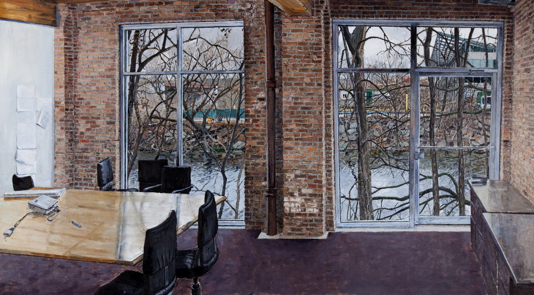TEMPORARY OFFICES, EVERGREEN PROPERTIES, OIL ON LINEN, 32X50'', 2014/2015