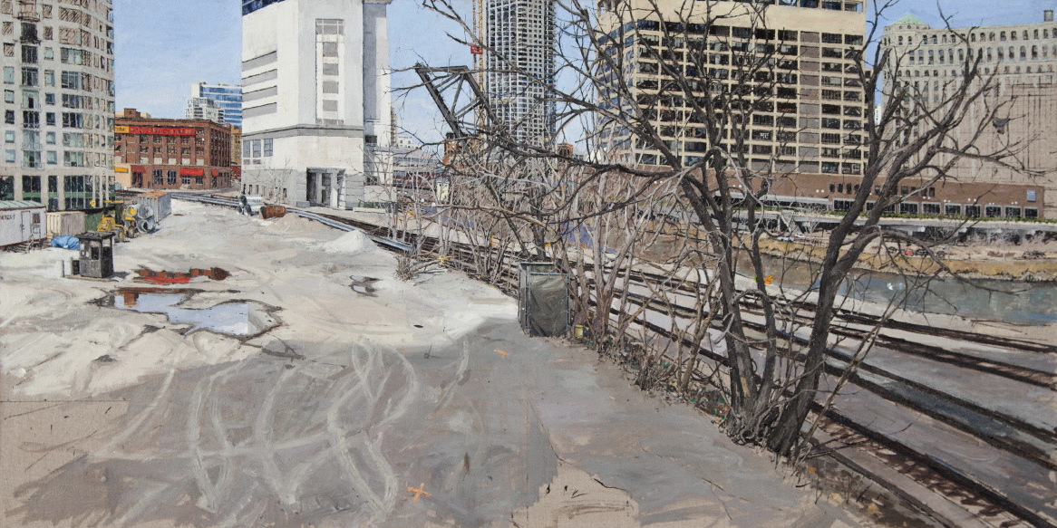 LOOKING NORTH FROM LAKE ST. BRIDGE PRIOR TO DEVELOPMENT, OIL ON LINEN, 28X48'', 2013