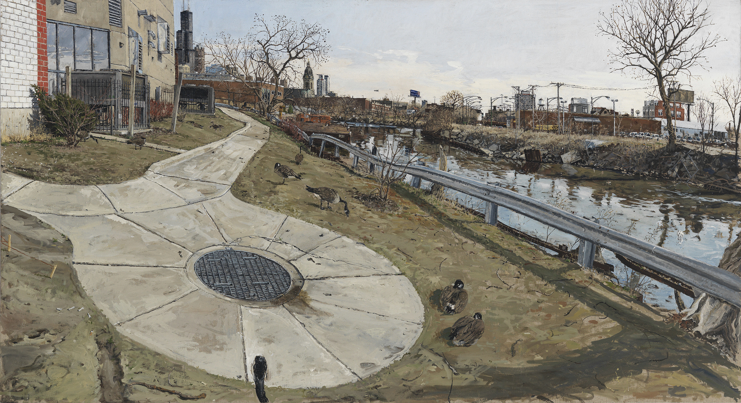 CHICAGO RIVER WITH TWO GEESE, OIL ON LINEN, 30X47", 2010