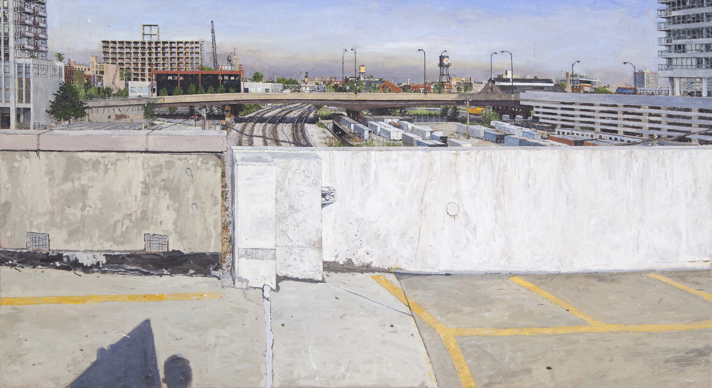 ELEVATED PARKING LOT, LOOKING WEST WITH RENOVATION OF GOOGLE HEADQUARTERS, OIL ON LINEN, 28X49'', 2013