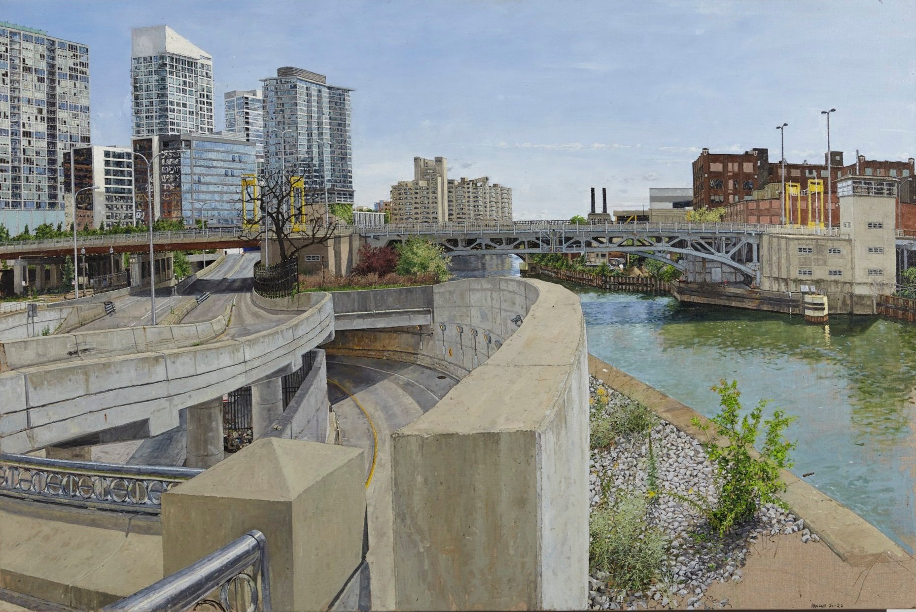 LOOKING SOUTH VAN BUREN ST BRIDGE, OIL ON LINEN 32”x48”