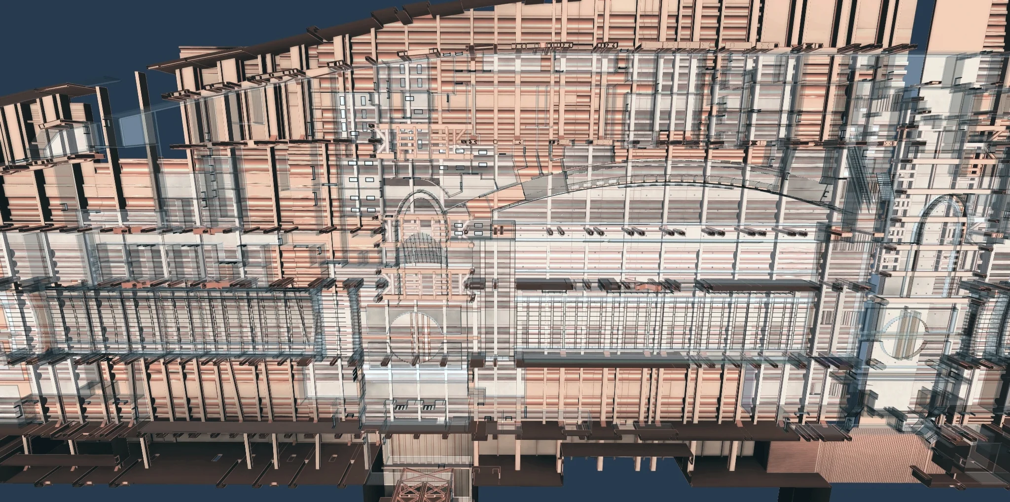 Ceiling of model showing existing conditions (orange) with the new design in white.