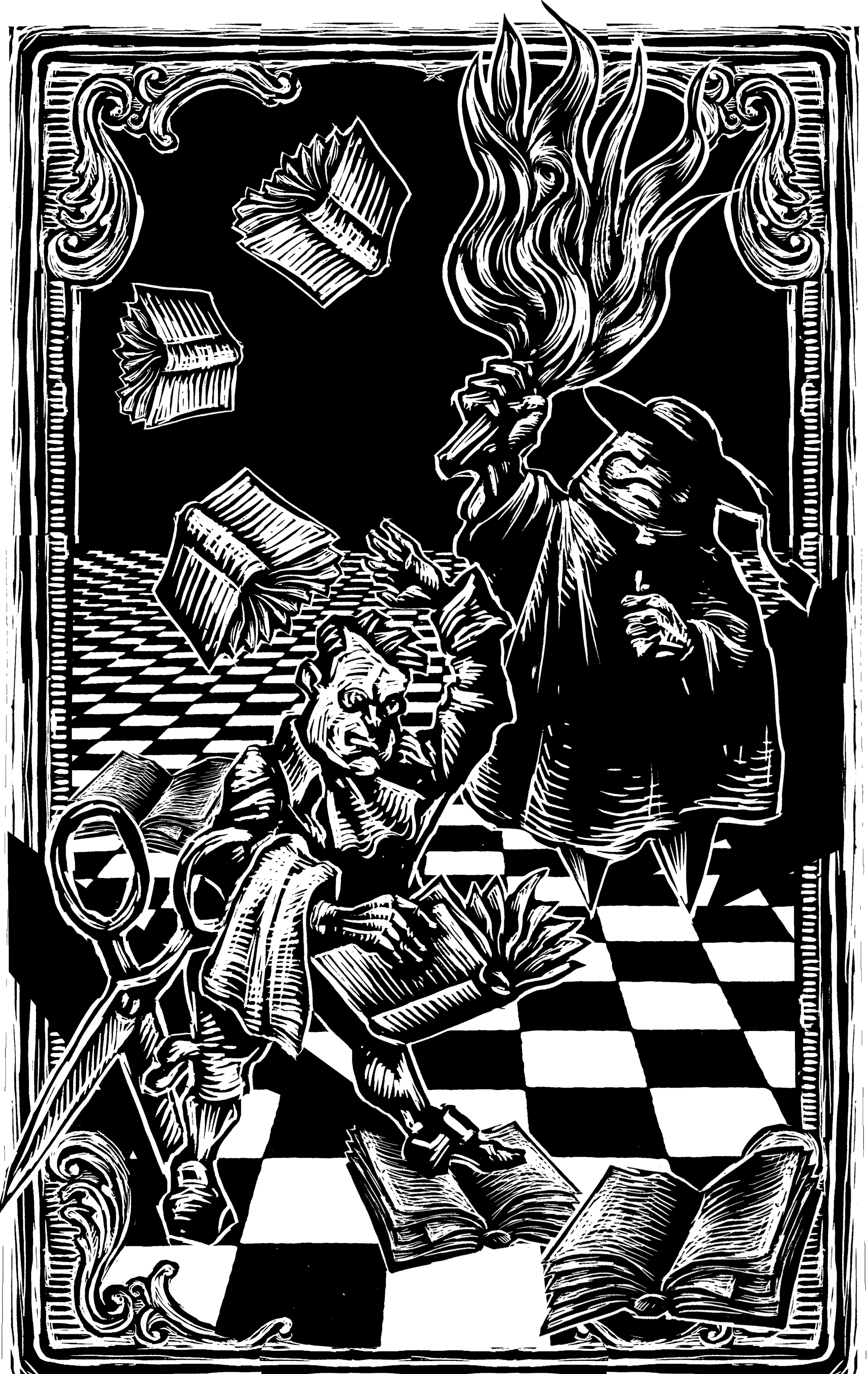 The priest and the barber burn Alonso Quijano’s books of chivalry