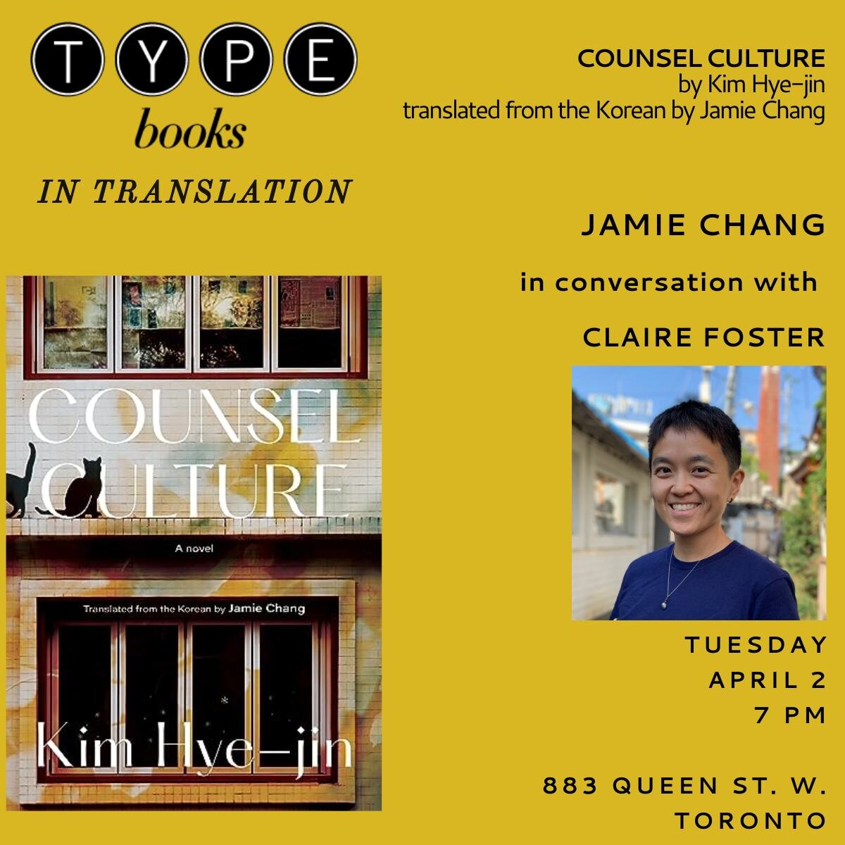 💛 If you are in Toronto on April 2, make sure to join Jamie Chang and @clairefoster at @typebooks!

🧡 COUNSEL CULTURE is out now and available at your favorite indie bookstores or on our website (link in bio)!