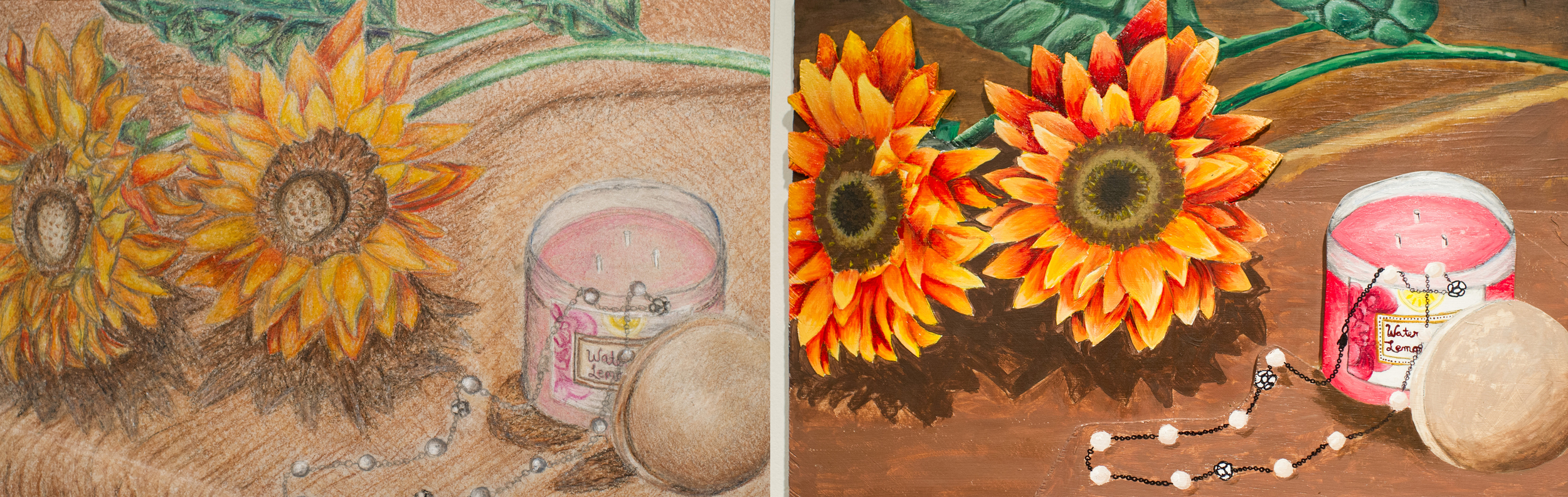 Emily Yellina rendered the same still life twice at IUS with Dean Mistler— once with colored pencils and once with acrylic paint on layered 3D board.