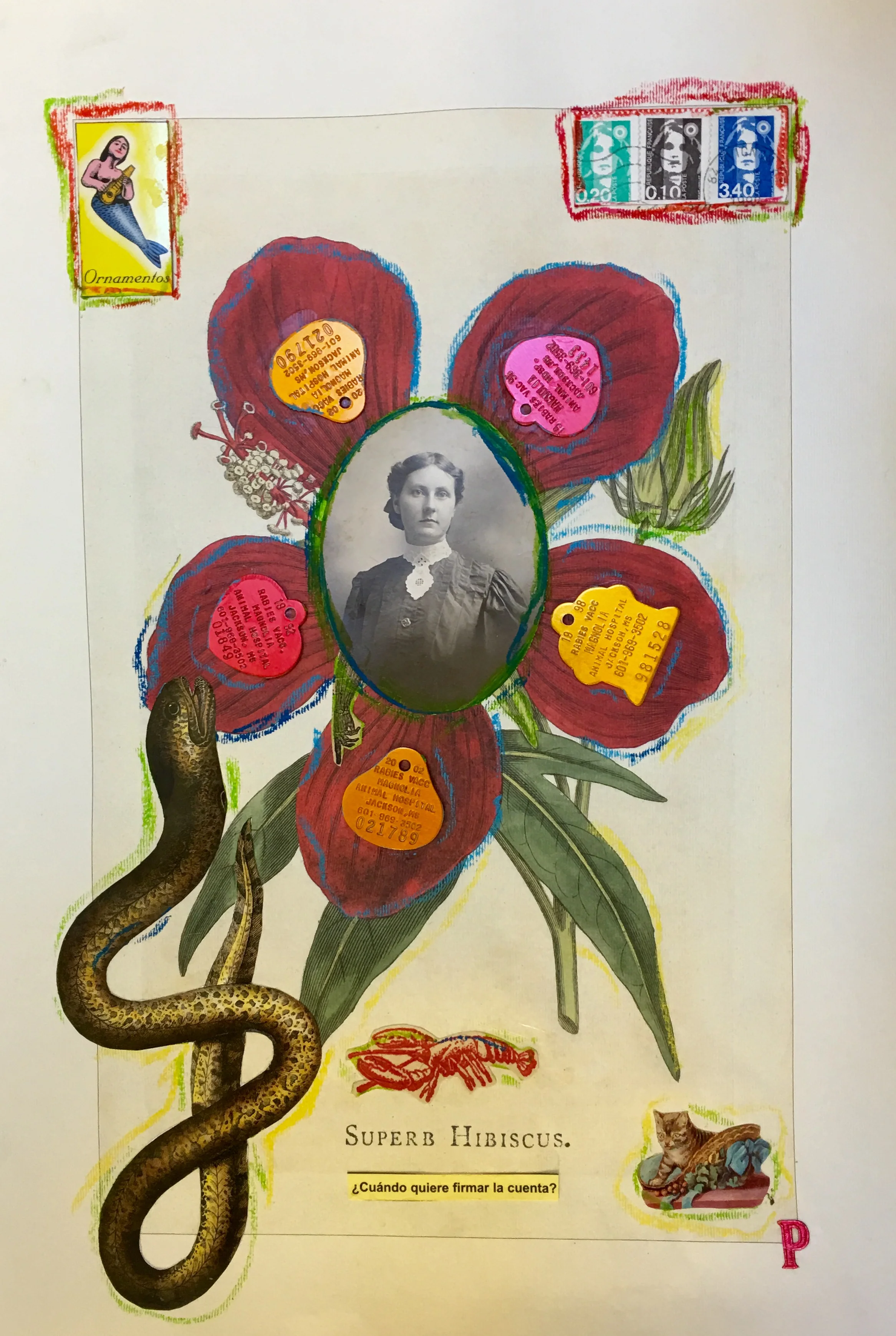 "Superb Hibiscus" by Jacque Parsley, 18x15x1in, mixed media collage (2016), $300 | BUY NOW