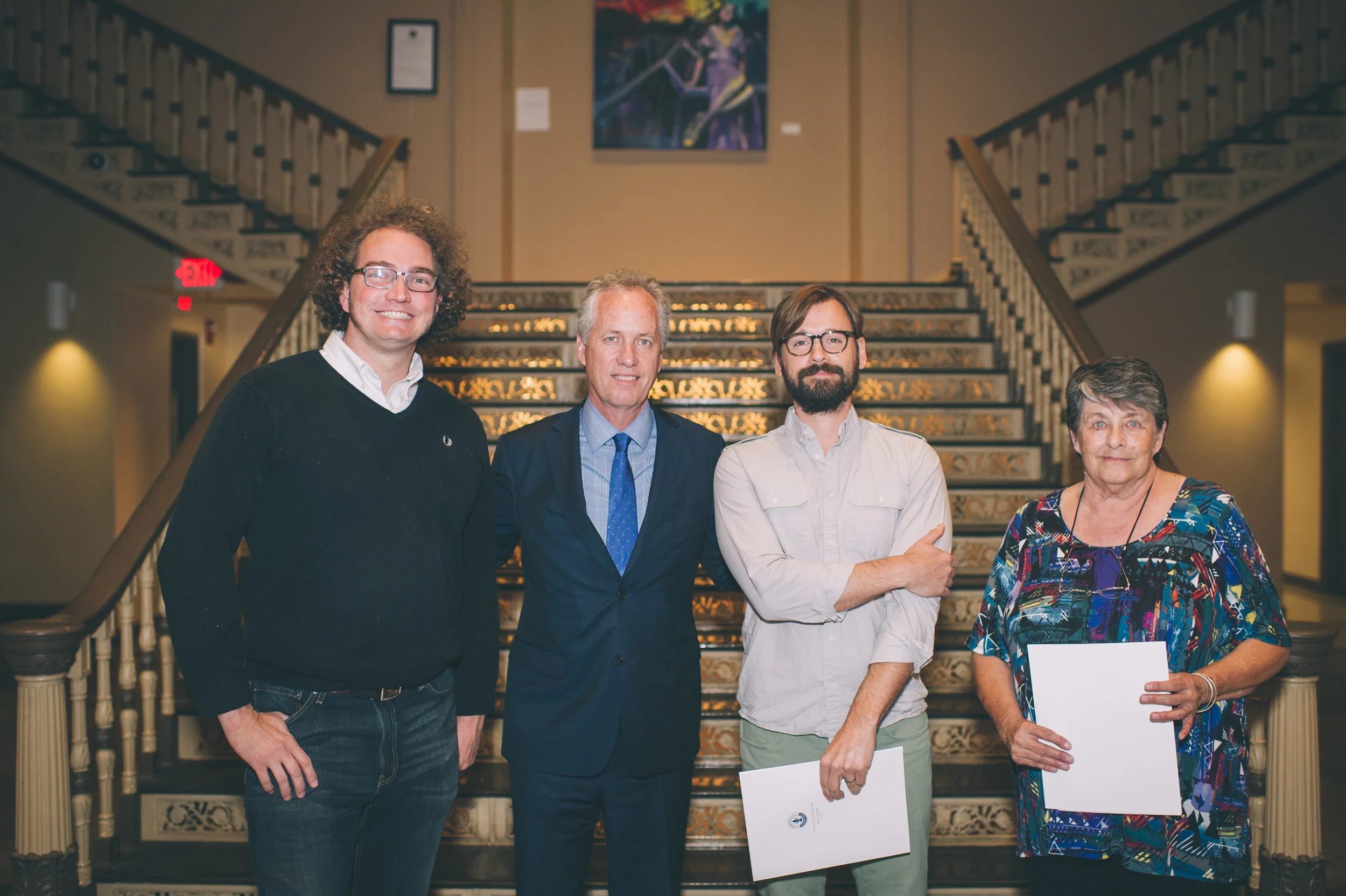 Metro Hall exhibiting artists Damon Thompson, Noah Hewett-Ball, and Sherry Pearl with Mayor Greg Fischer.