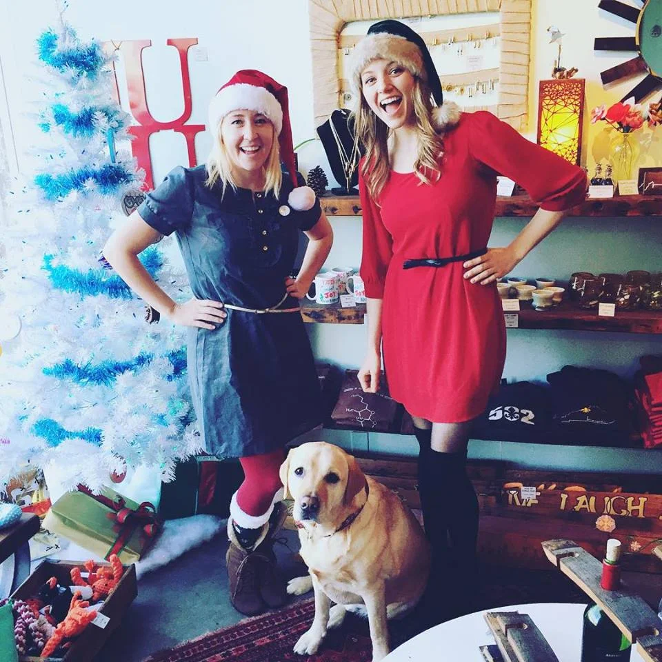 Mo McKnight Howe, Molly Huffman and Major Hanging Out At Revelry Gallery.