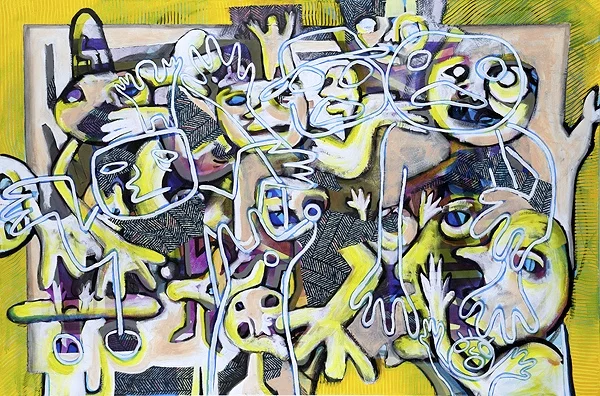 "Alter Egos" by Kayla Bischoff, 60x40in, acrylic & fabric on canvas (2016) $825 | BUY NOW