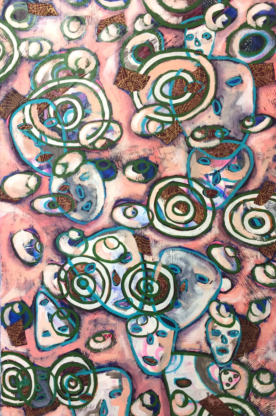 "The Watchers" by Kayla Bischoff, 24x26in, acrylic & fabric n canvas (2017) $475 | BUY NOW